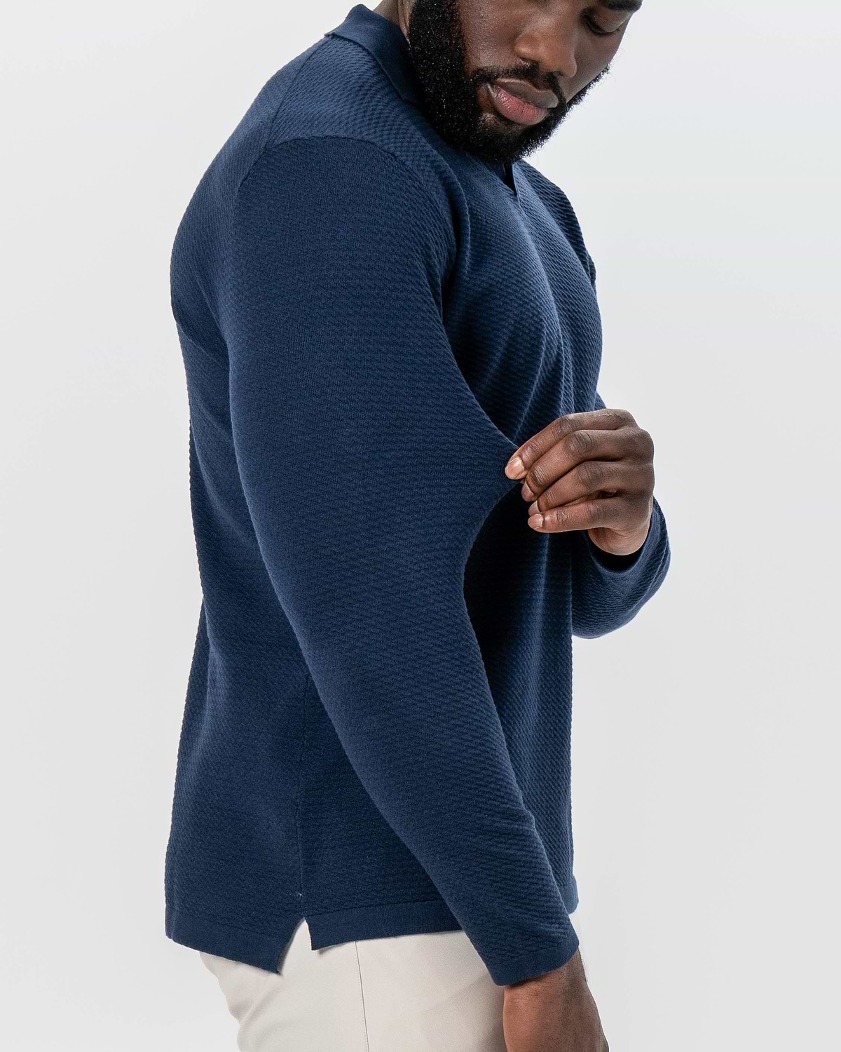 Buttonless Office Textured Buttonless Long Sleeve Polo - Navy