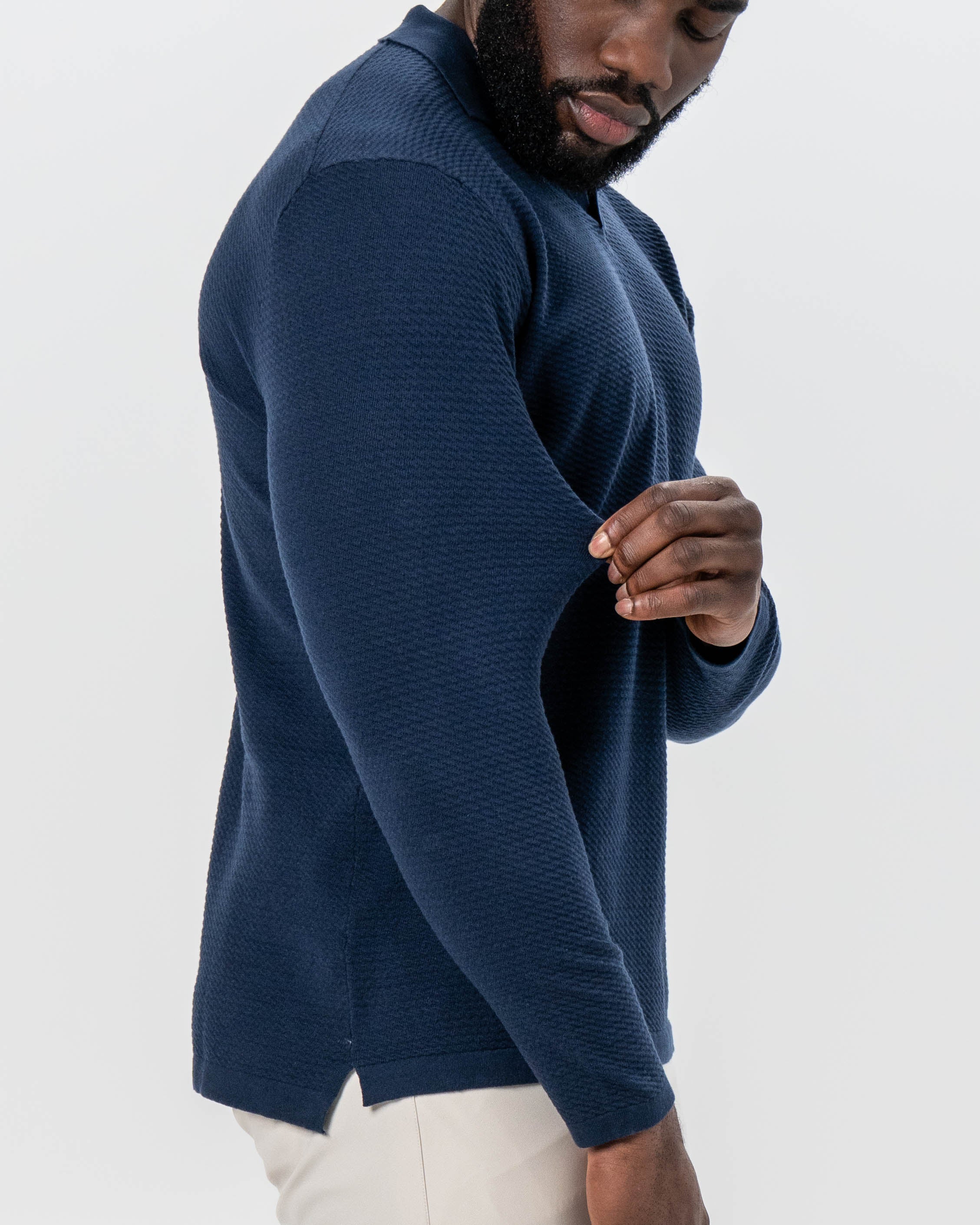 Textured Buttonless Long Sleeve Polo - Navy