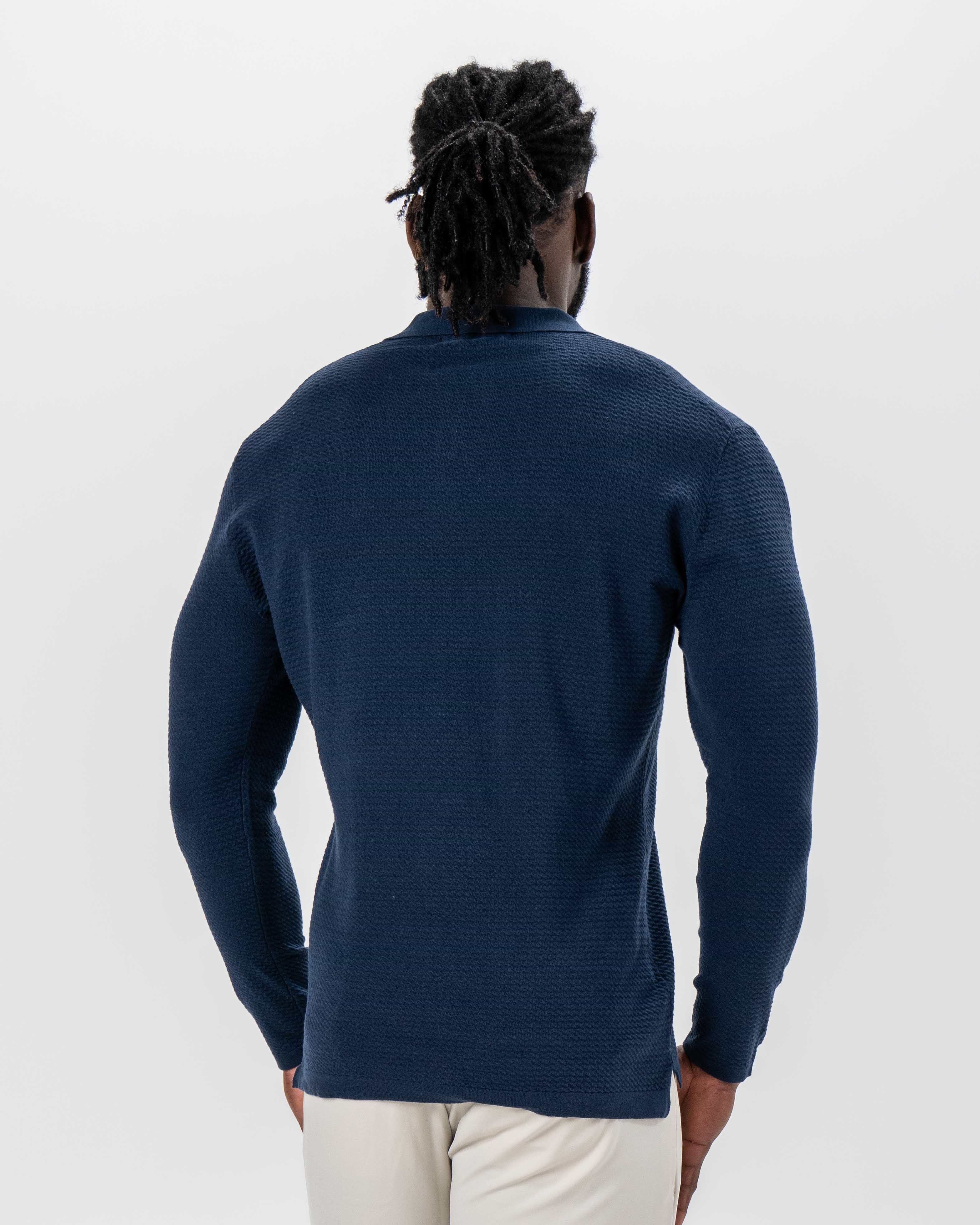 Textured Buttonless Long Sleeve Polo - Navy