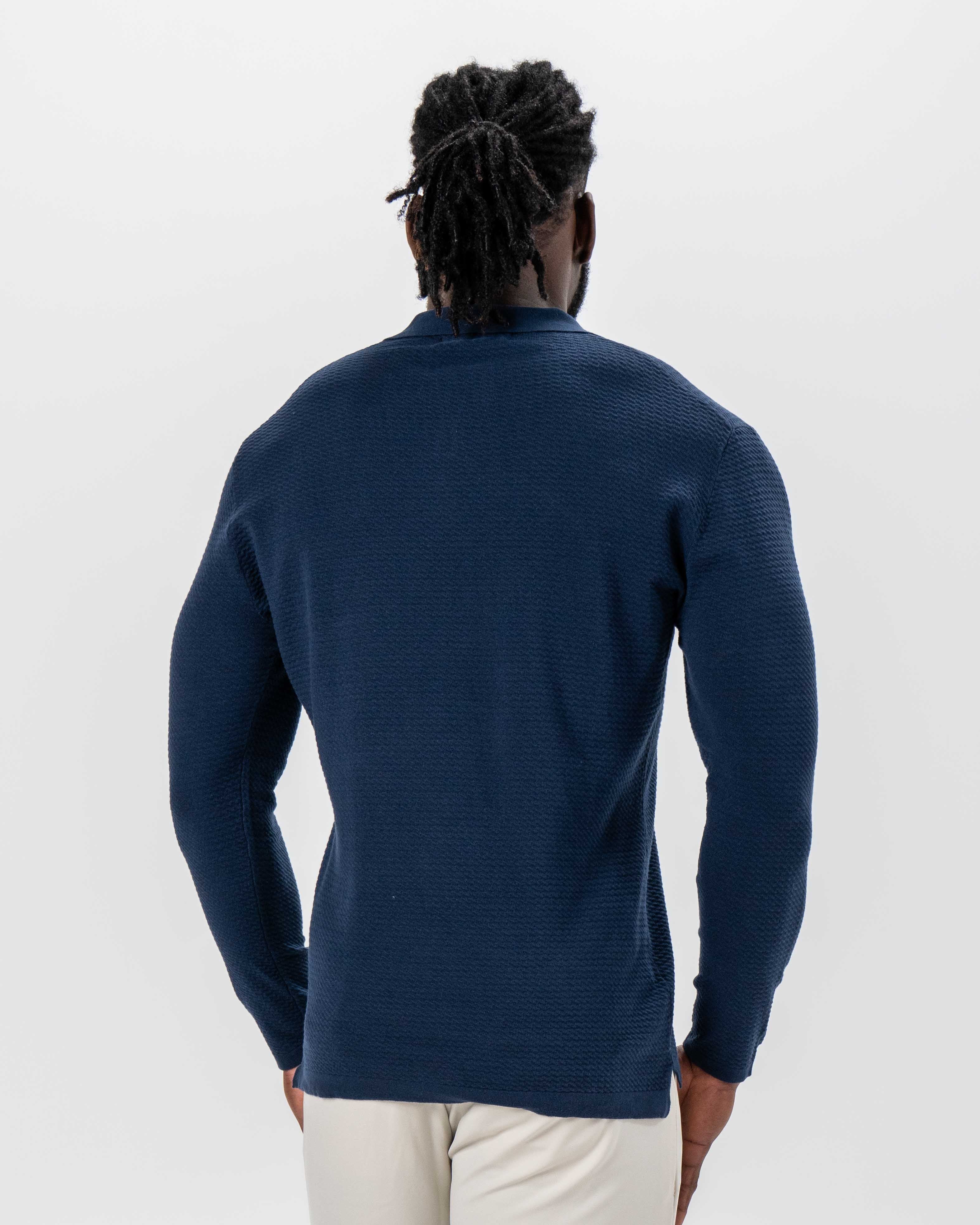 Textured Buttonless Long Sleeve Polo - Navy