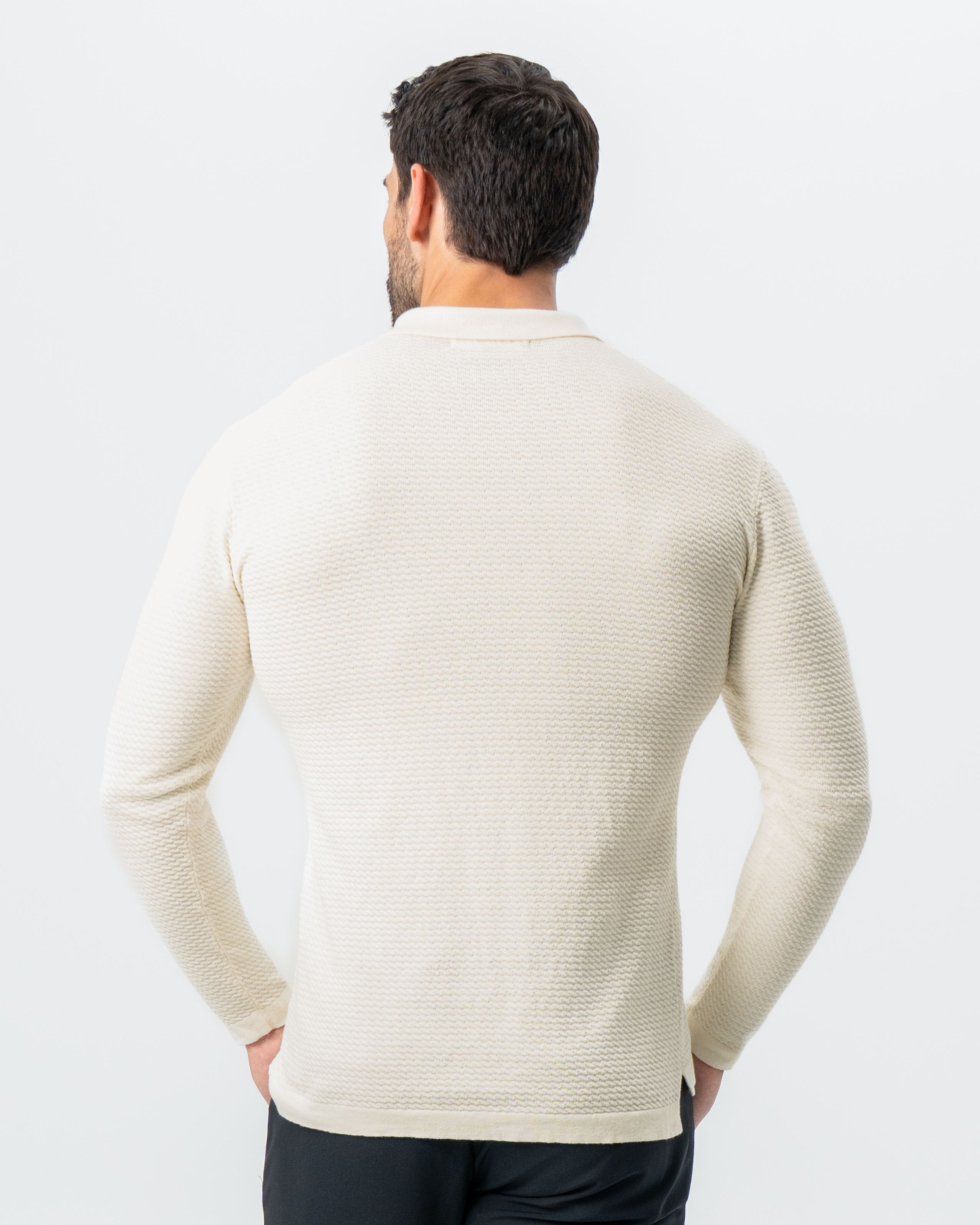 Textured Buttonless Long Sleeve Polo - Tan