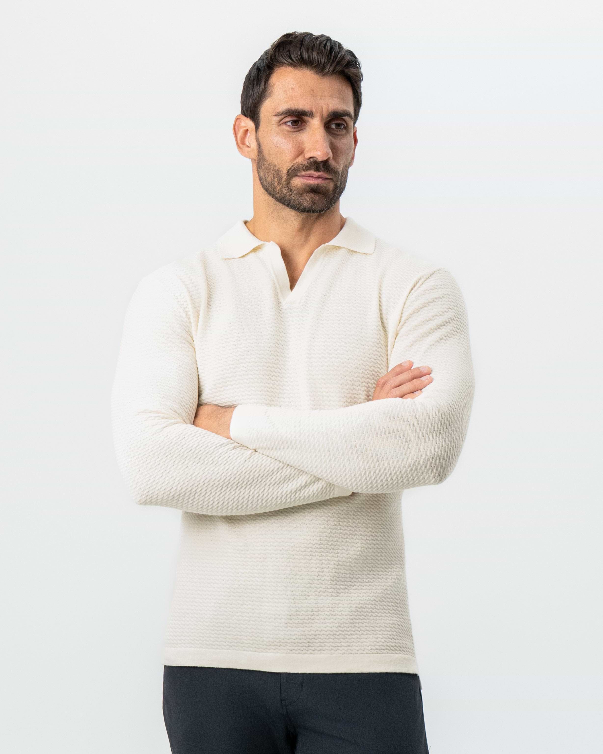 Textured Buttonless Long Sleeve Polo - Tan