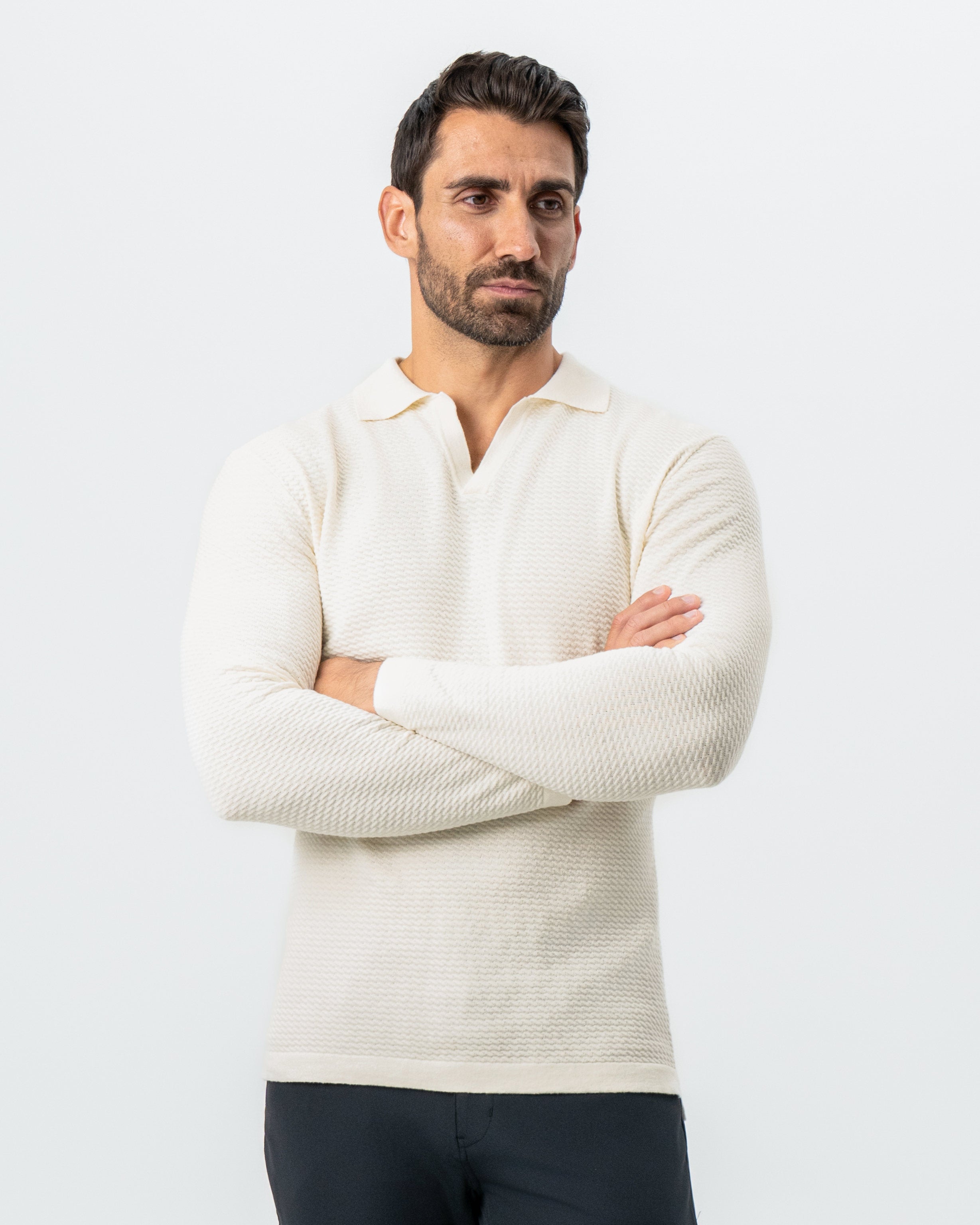 Textured Buttonless Long Sleeve Polo - Tan
