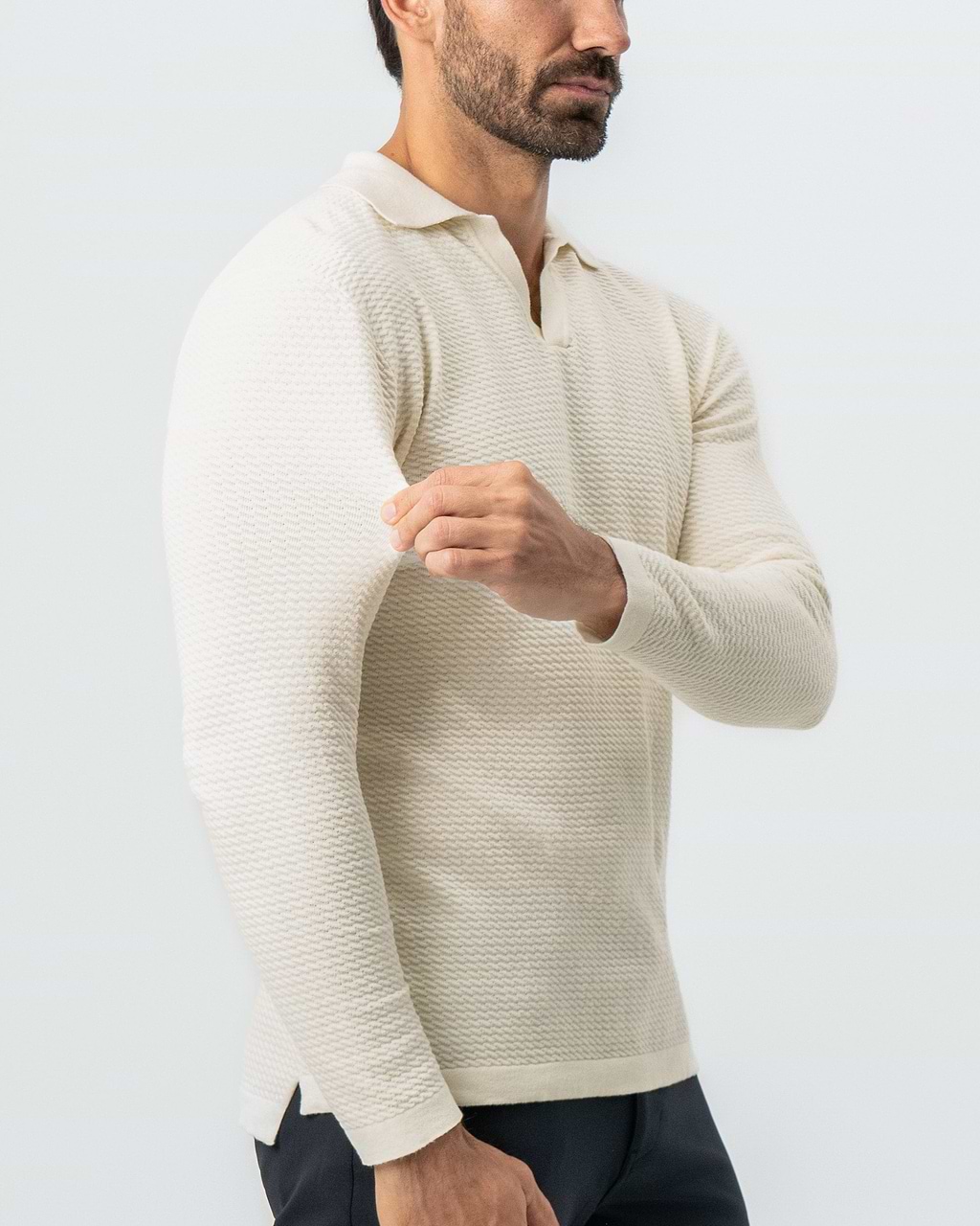 Tan Wear Less Textured Buttonless Long Sleeve Polo - Tan