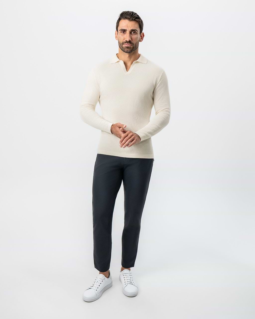 Tan Wear Less Textured Buttonless Long Sleeve Polo - Tan