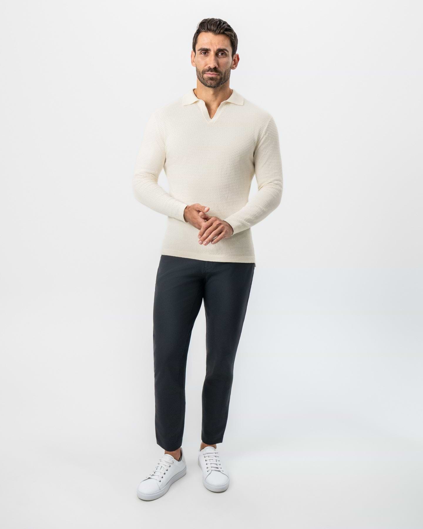 Textured Buttonless Long Sleeve Polo - Tan