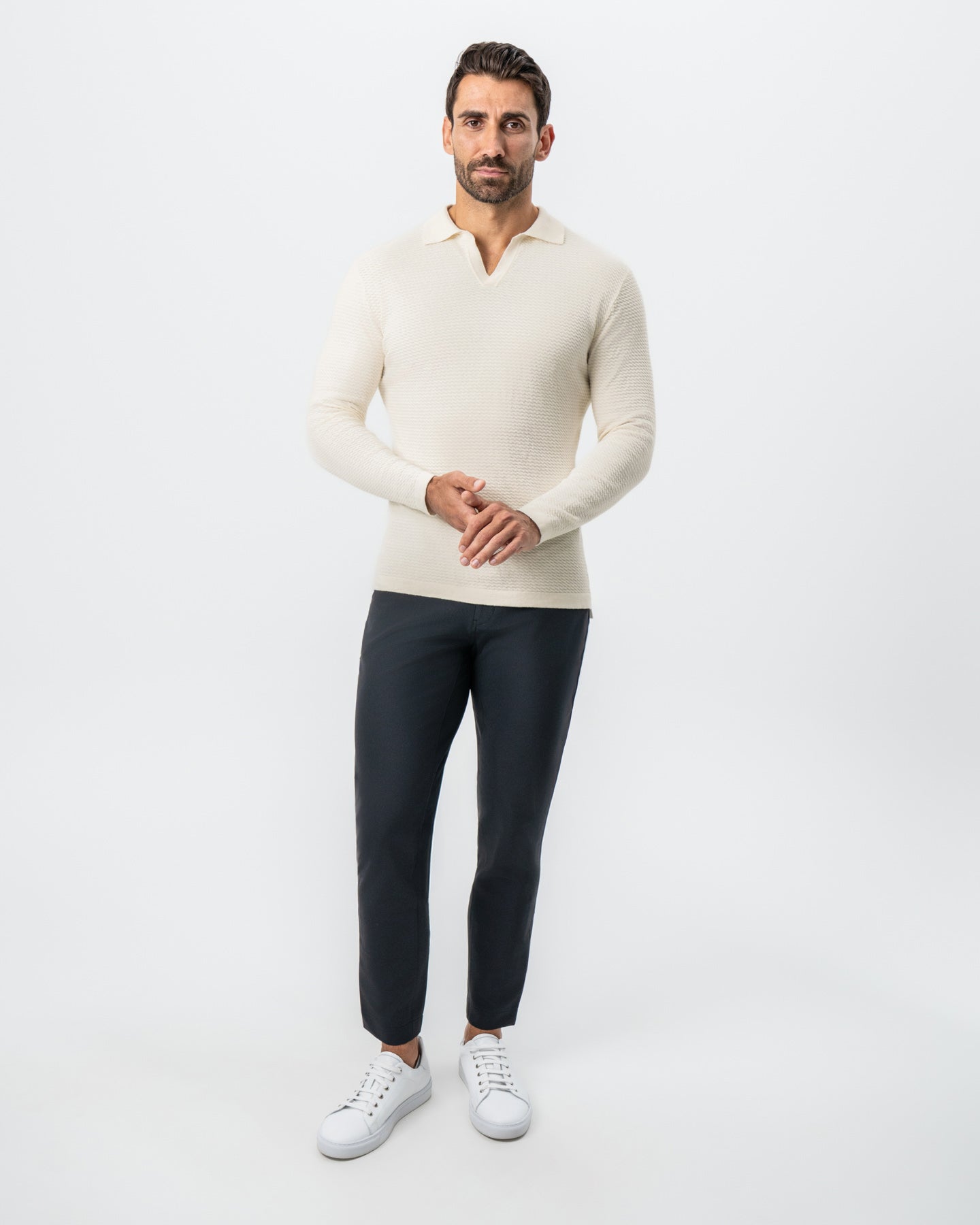 Textured Buttonless Long Sleeve Polo - Tan