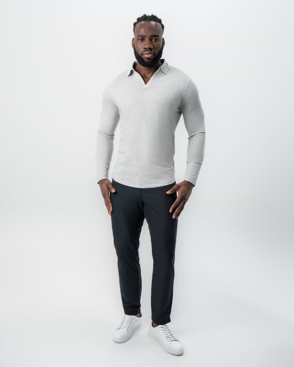 Tipped Long Sleeve Polo - Grey with White