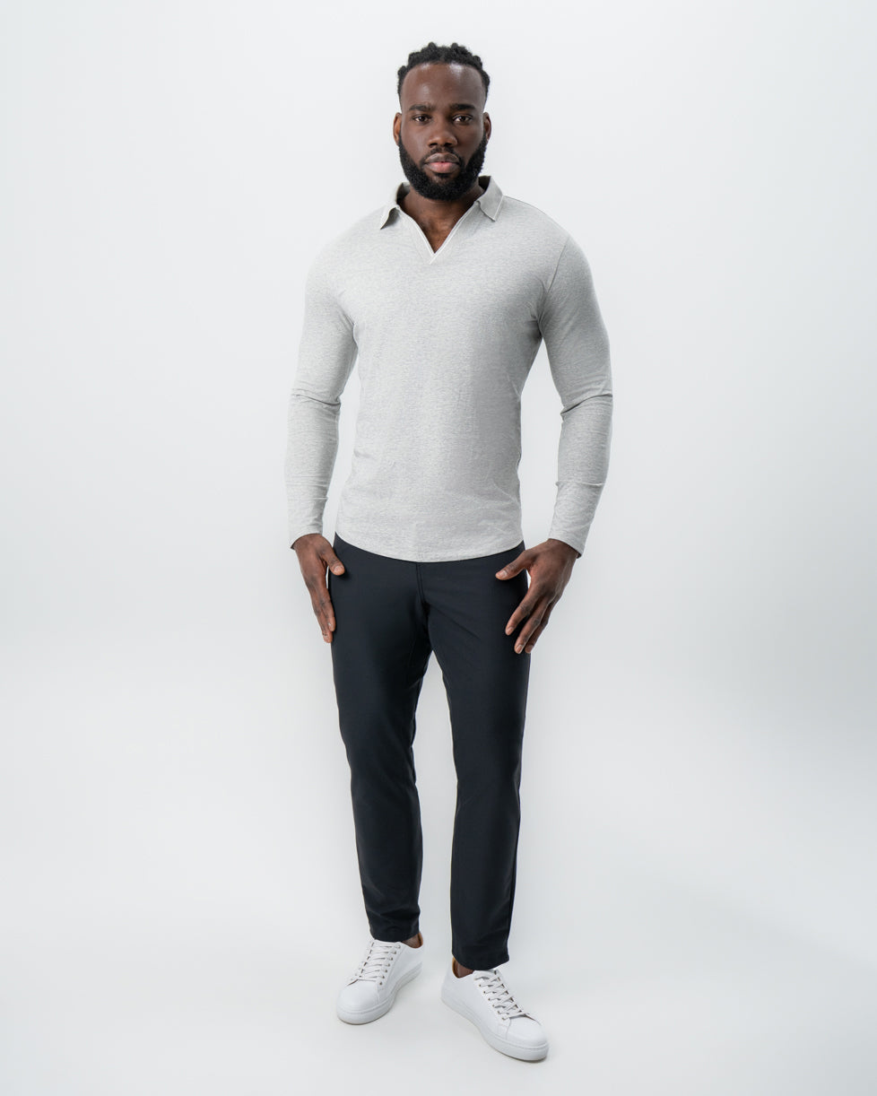 Tipped Long Sleeve Polo - Grey with White