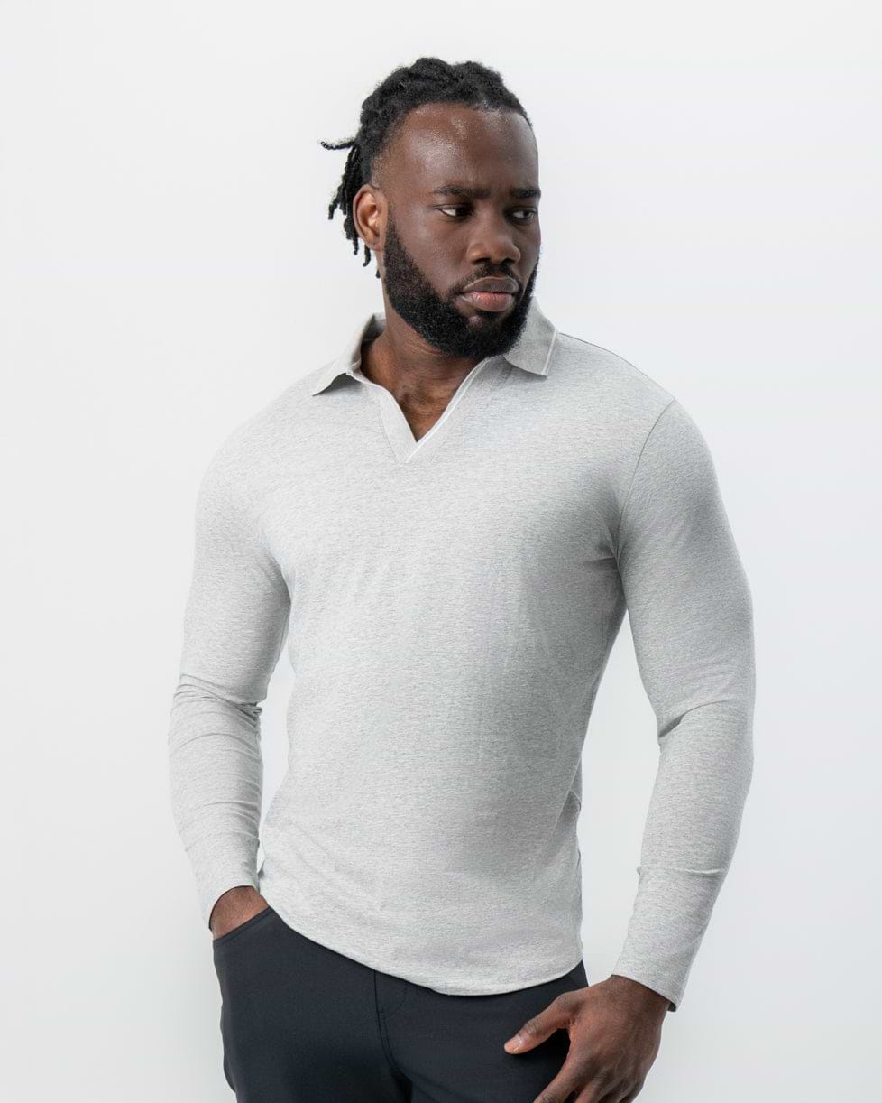 Tipped Long Sleeve Polo - Grey with White