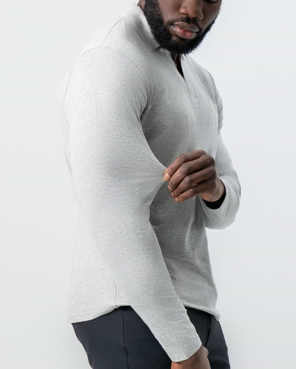 Tipped Long Sleeve Polo - Grey with White
