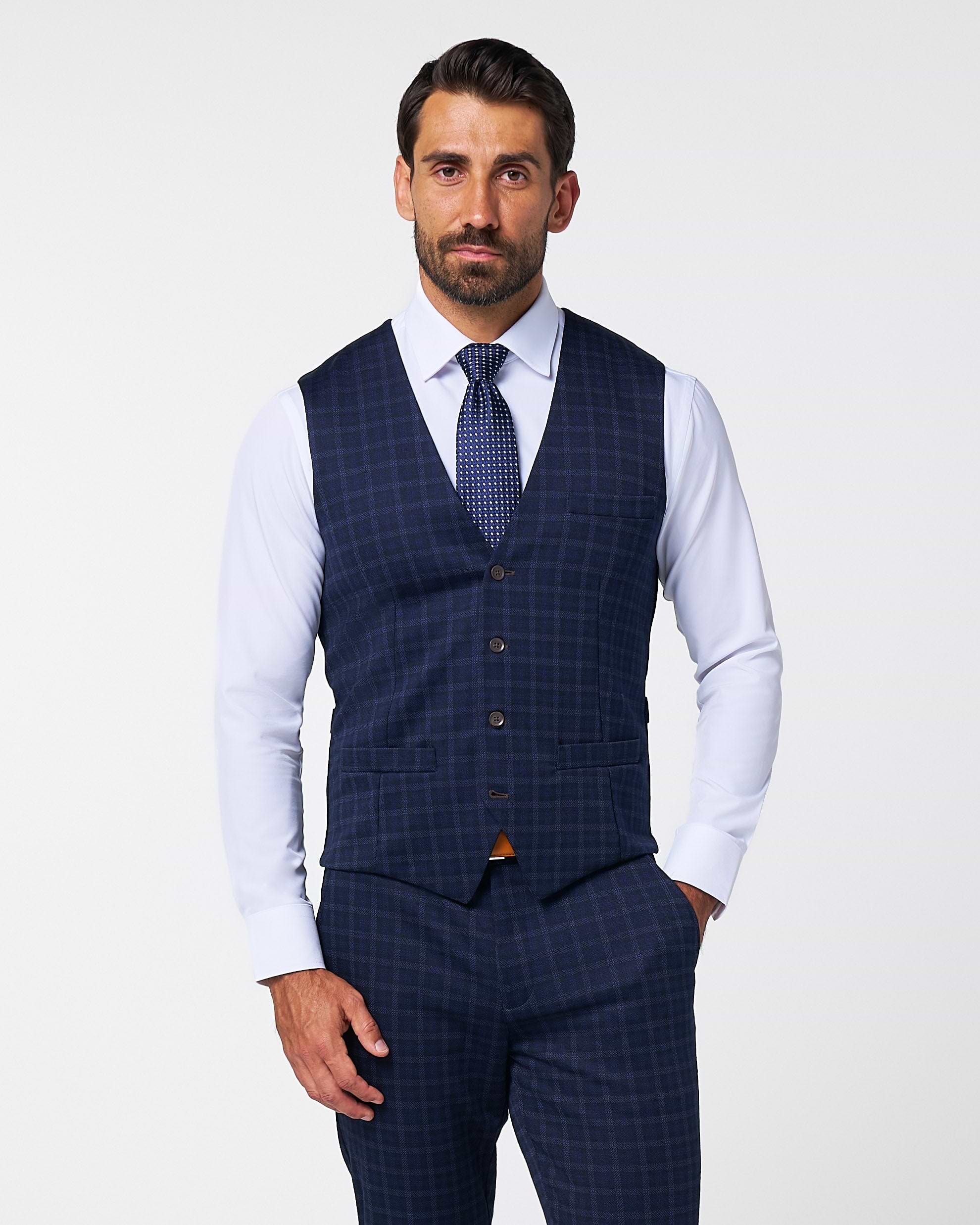 Athletic Fit Stretch Suit Vest - Blue Plaid