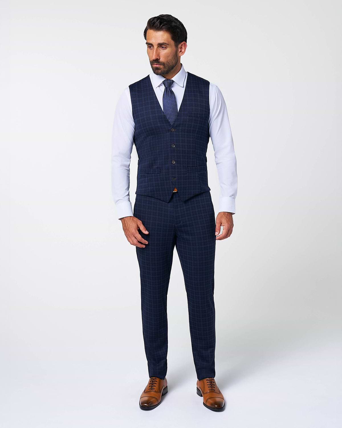 Athletic Fit Stretch Suit Vest - Blue Plaid