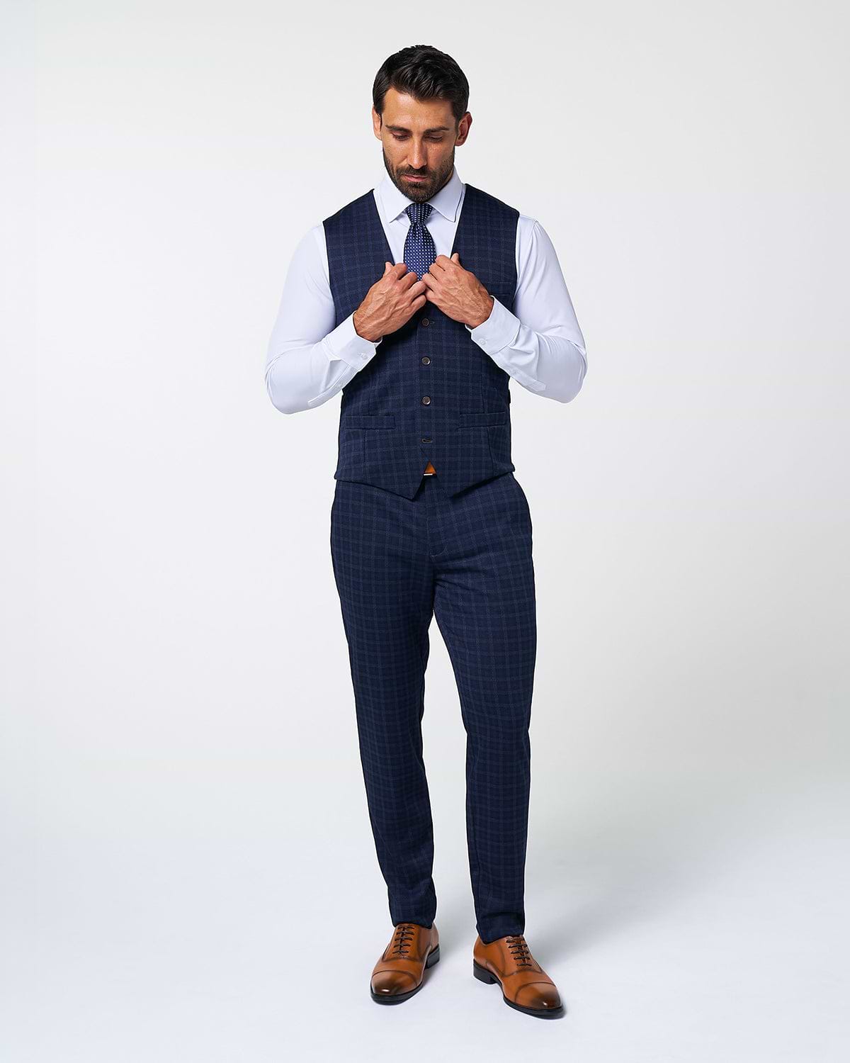 Athletic Fit Stretch Suit Vest - Blue Plaid