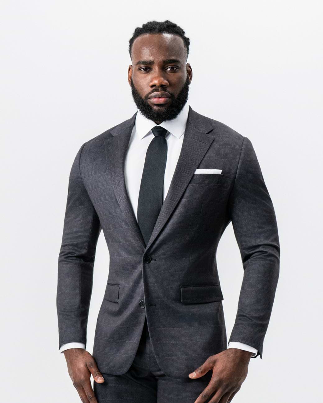 Athletic Fit Stretch Suit - Black and Charcoal Plaid