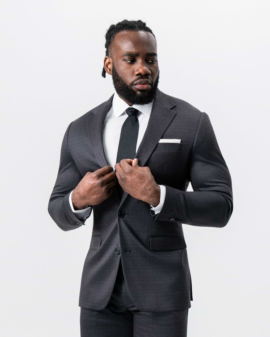 Athletic Fit Stretch Suit - Black and Charcoal Plaid