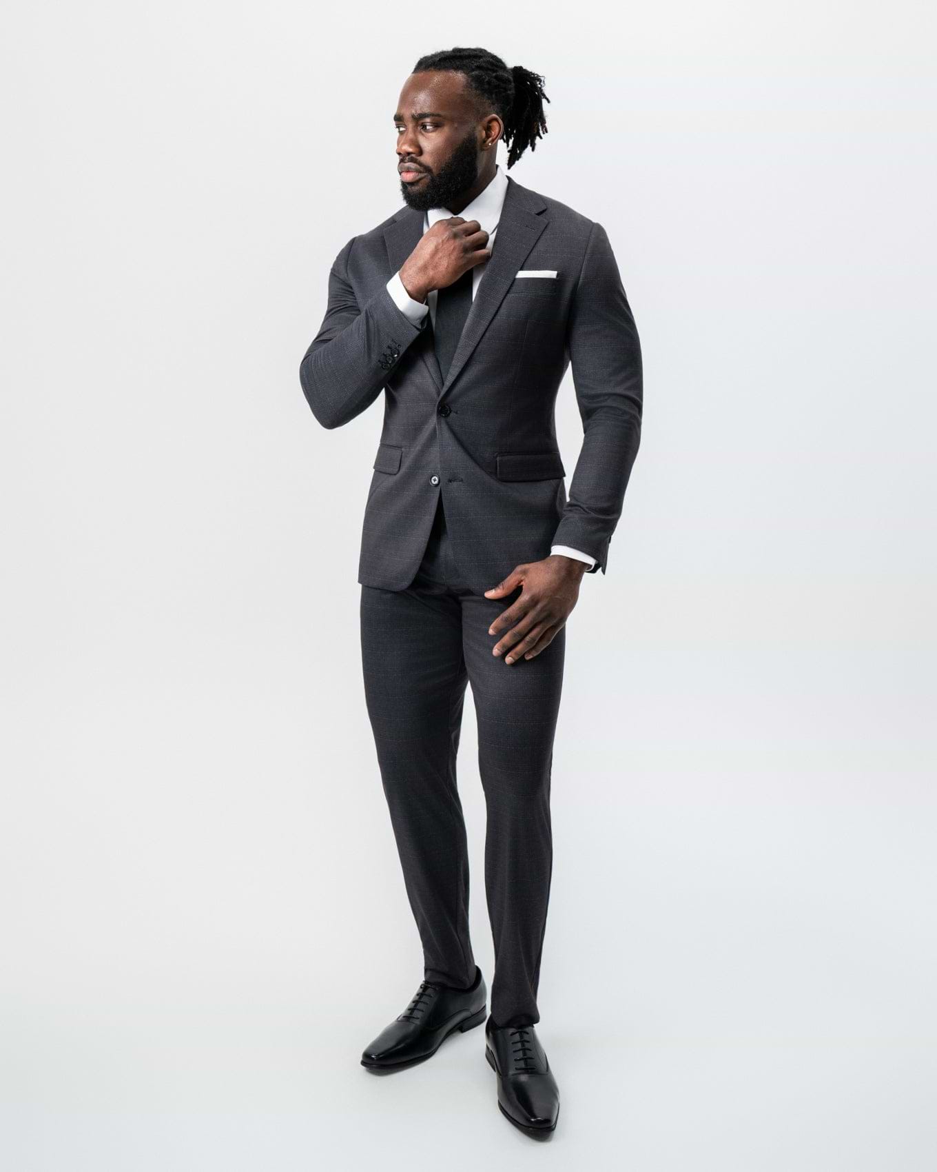 Athletic Fit Stretch Suit - Black and Charcoal Plaid