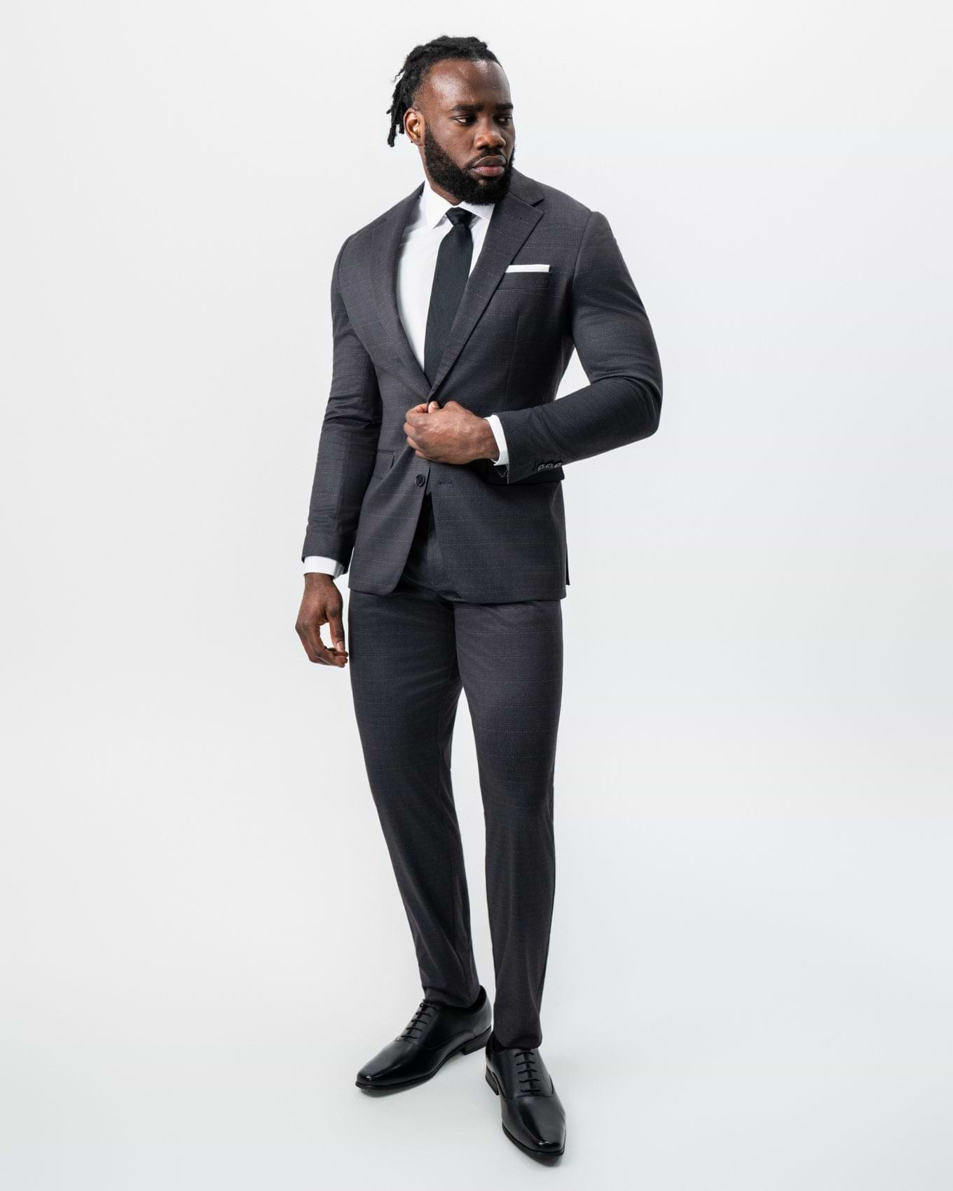 Athletic Fit Stretch Suit - Black and Charcoal Plaid