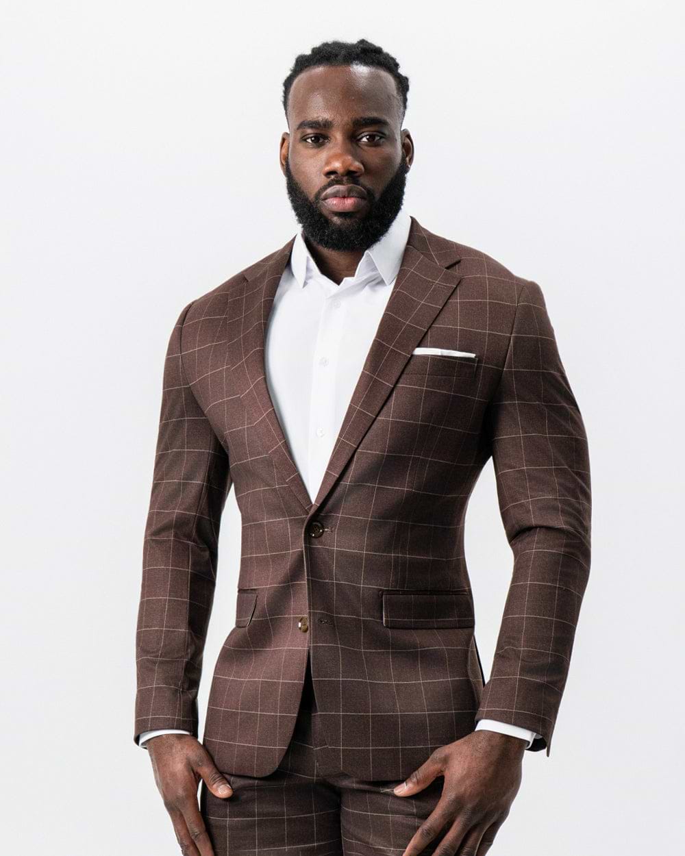 Athletic Fit Stretch Suit - Mocha with Brown Windowpane