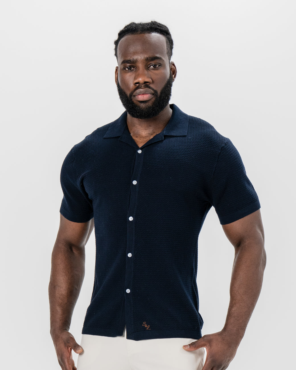 Textured Knit Short Sleeve Button Down - Navy