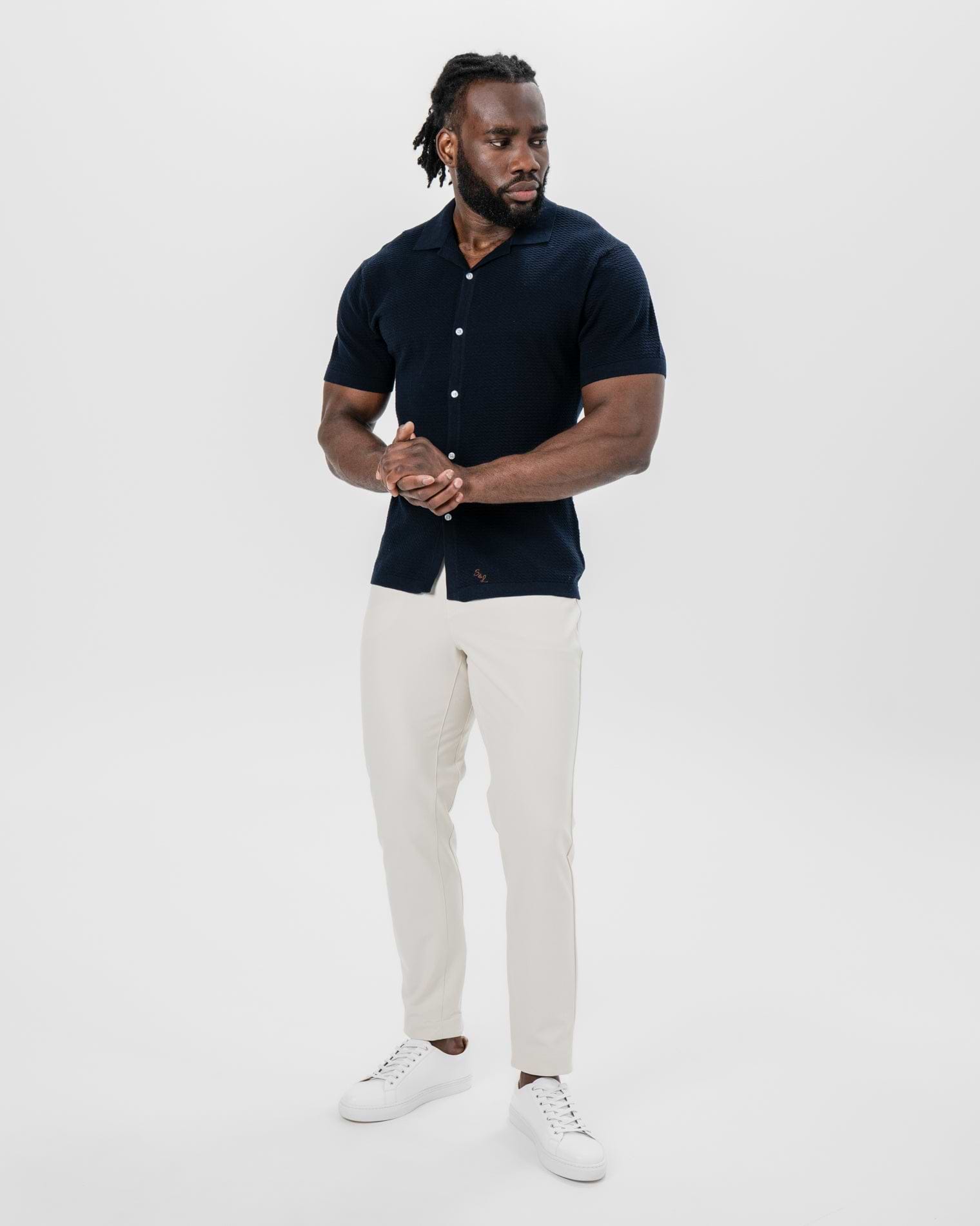 Textured Knit Short Sleeve Button Down - Navy