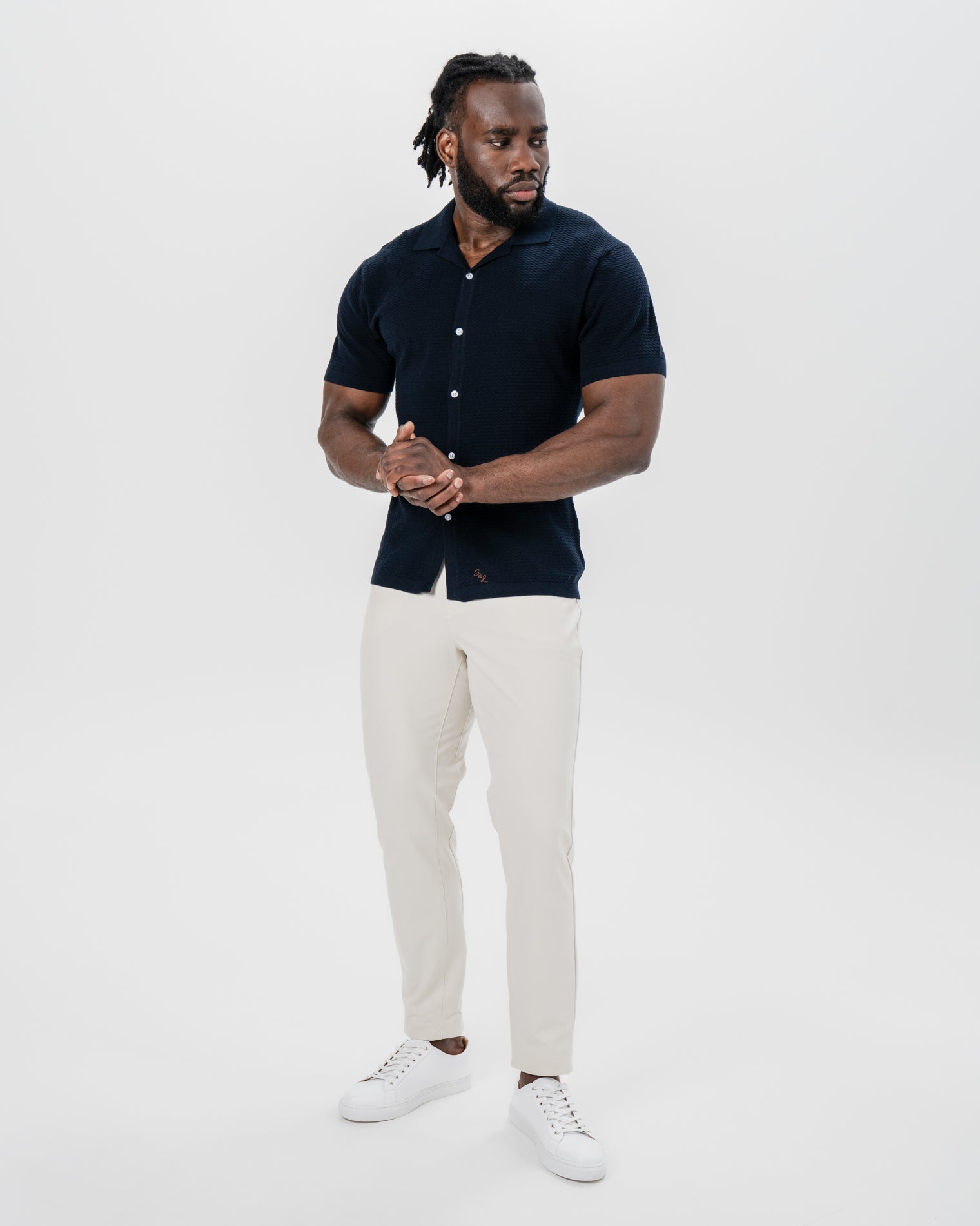 Textured Knit Short Sleeve Button Down - Navy