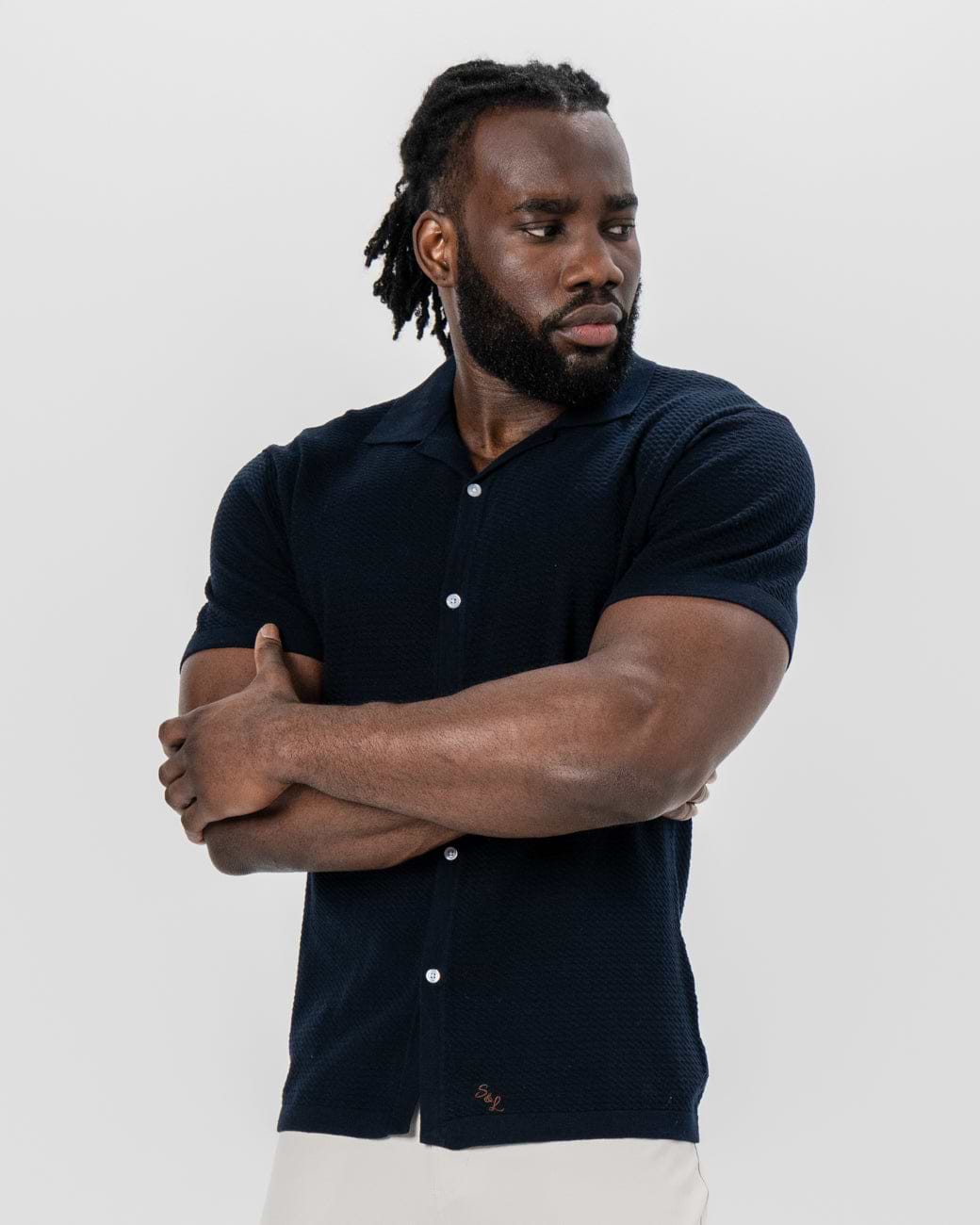 Textured Knit Short Sleeve Button Down - Navy