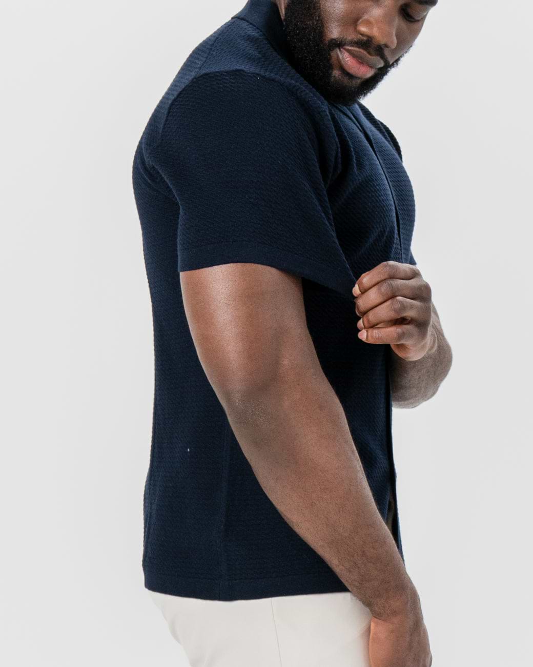 Textured Knit Short Sleeve Button Down - Navy