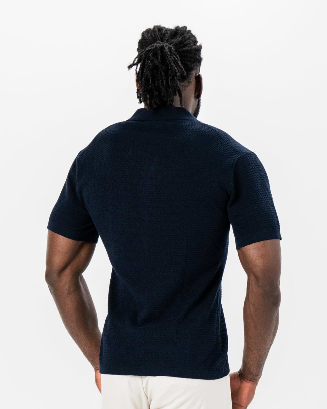Textured Knit Short Sleeve Button Down - Navy