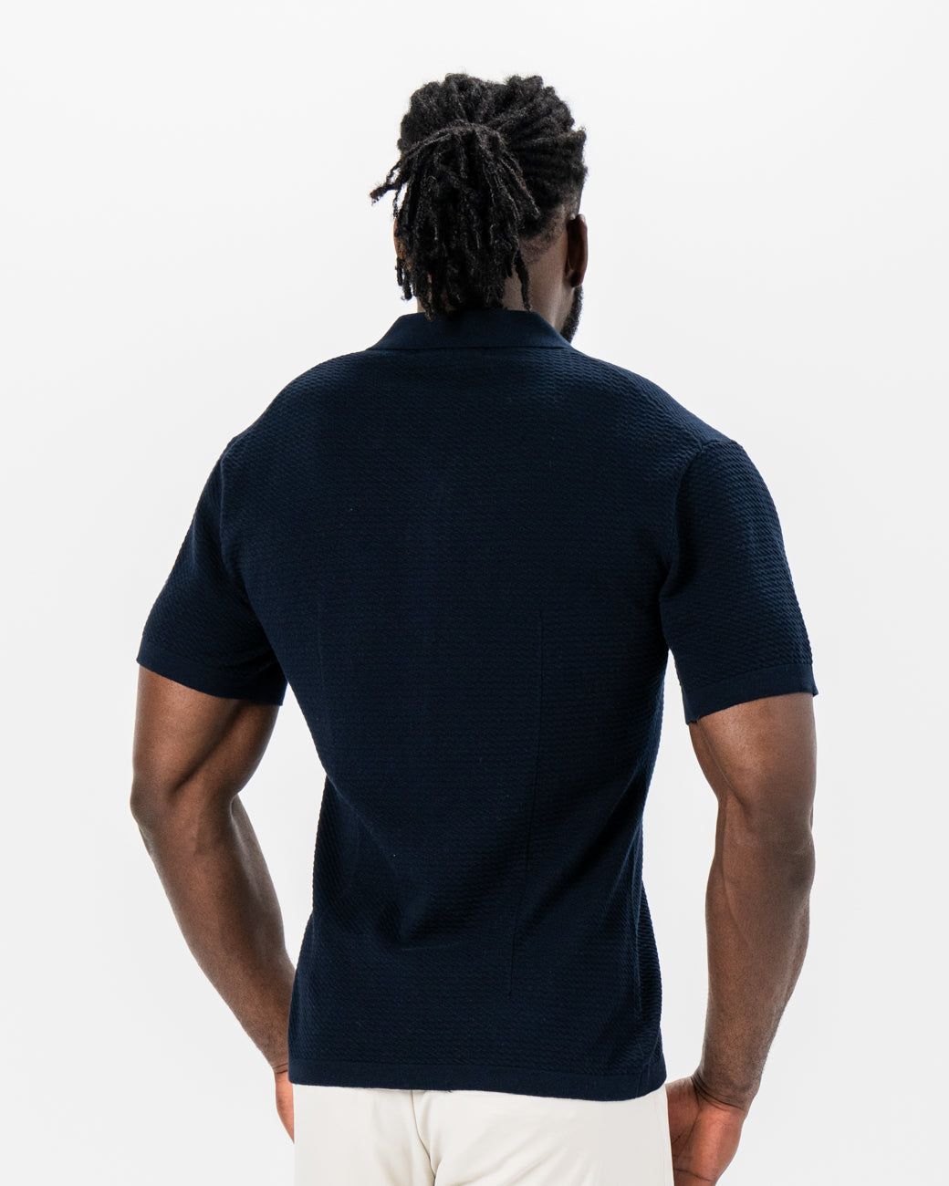 Textured Knit Short Sleeve Button Down - Navy