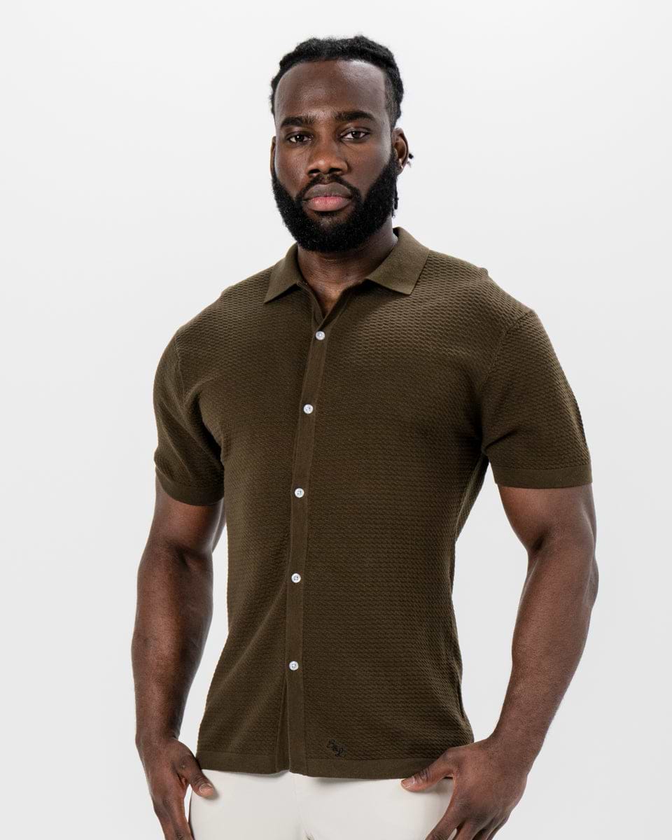 Textured Knit Short Sleeve Button Down - Olive