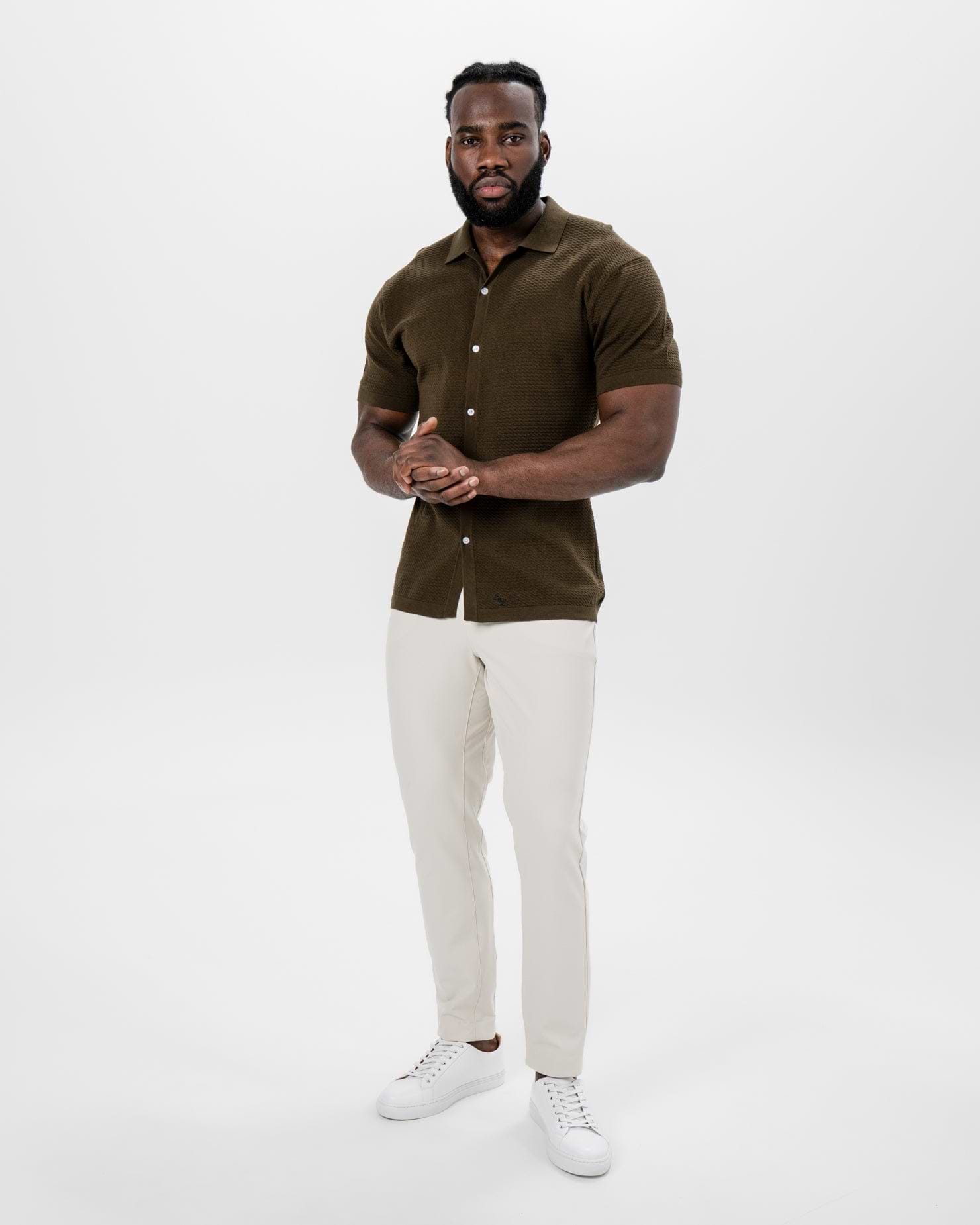 Textured Knit Short Sleeve Button Down - Olive
