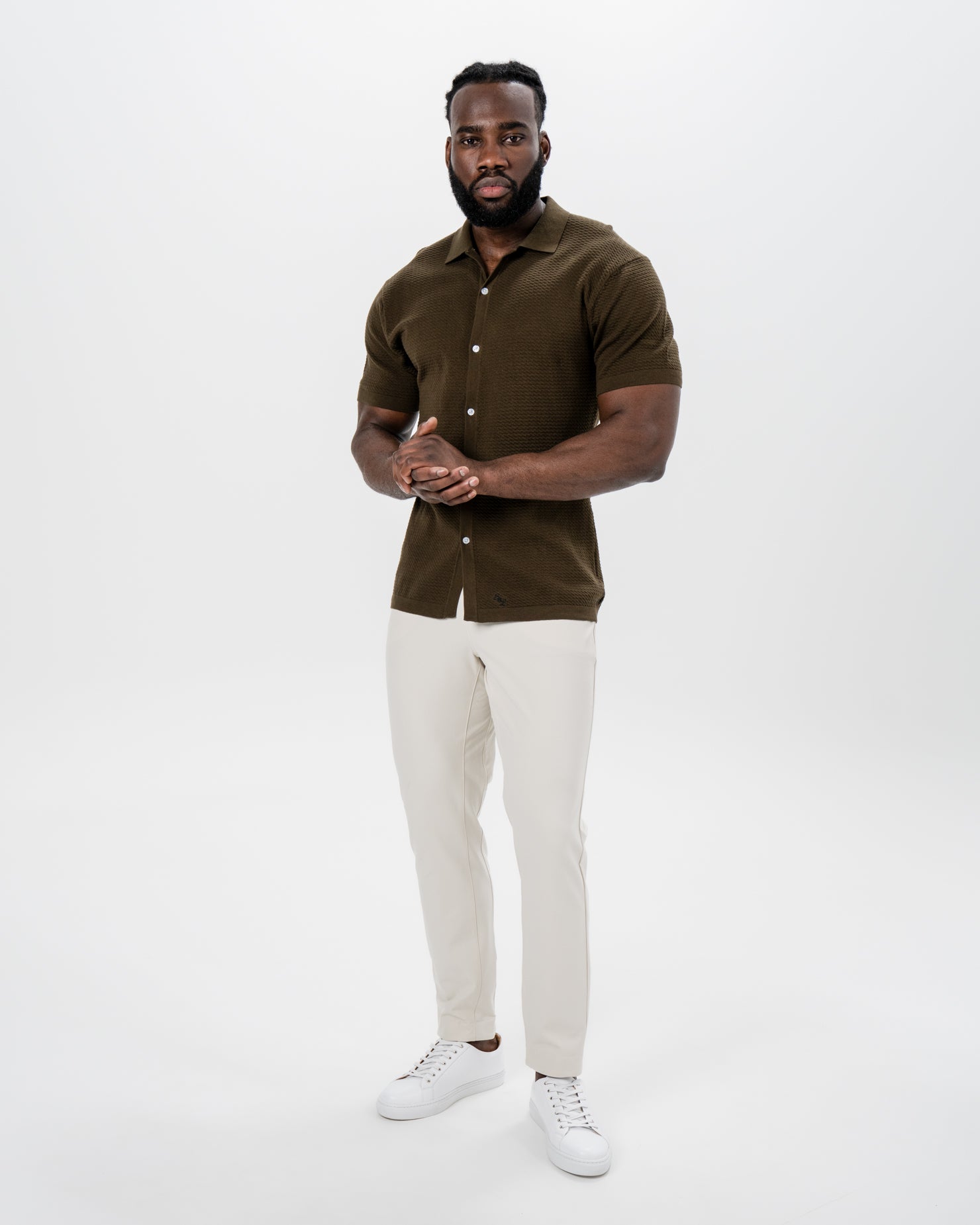 Textured Knit Short Sleeve Button Down - Olive