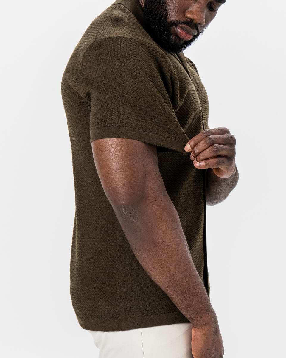 Textured Knit Short Sleeve Button Down - Olive