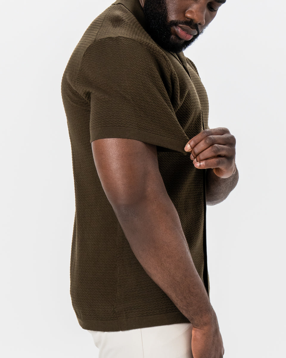 Textured Knit Short Sleeve Button Down - Olive