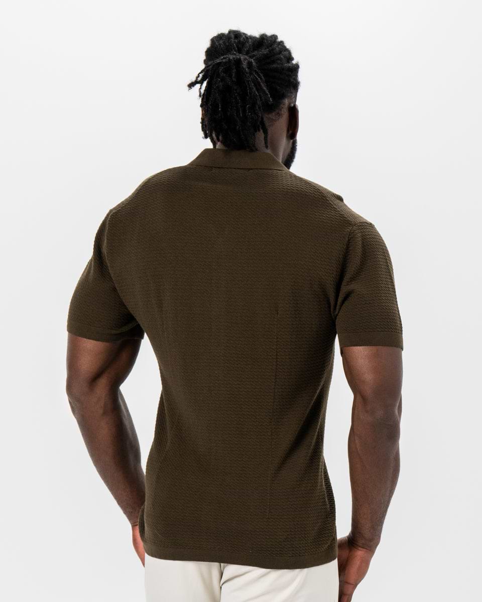 Textured Knit Short Sleeve Button Down - Olive