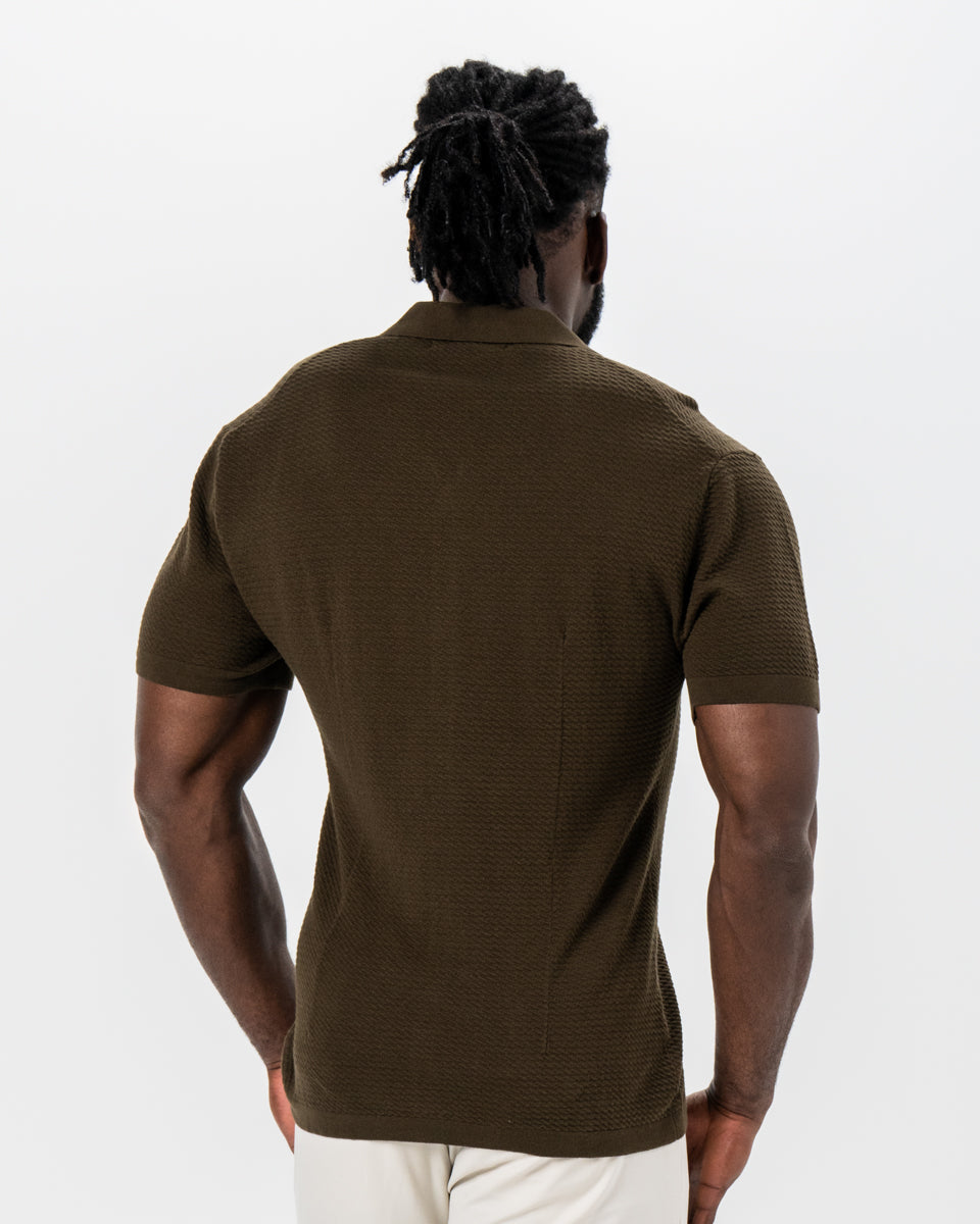 Textured Knit Short Sleeve Button Down - Olive