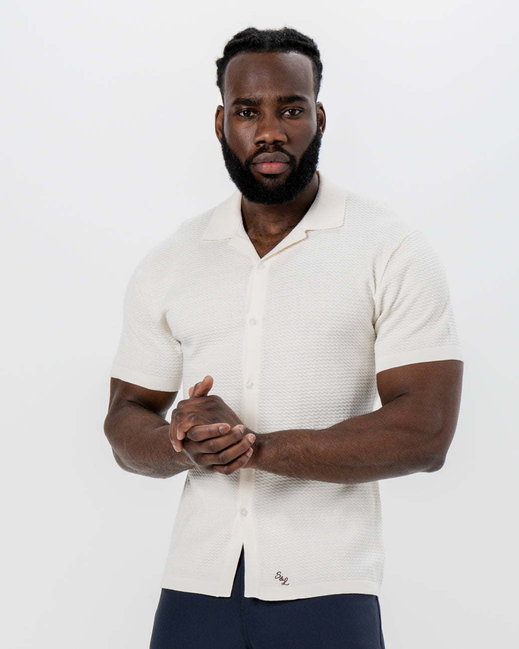 Textured Knit Short Sleeve Button Down - Tan