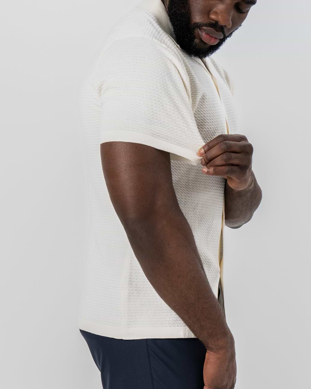 Textured Knit Short Sleeve Button Down - Tan