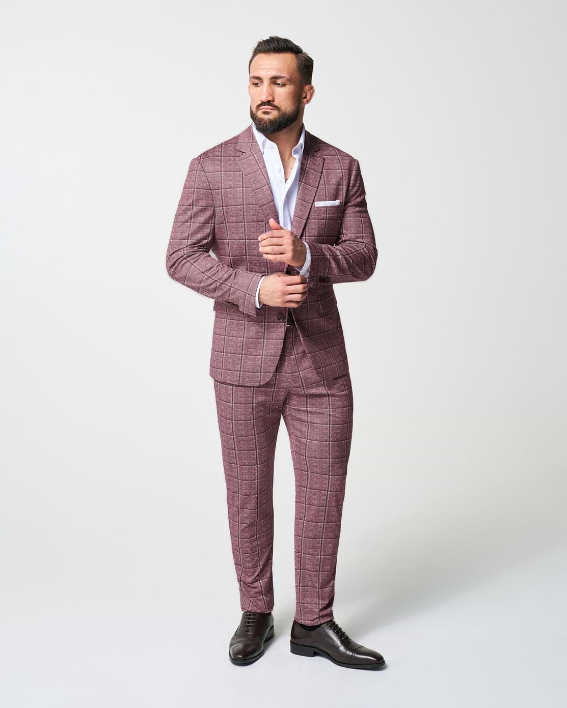 Athletic Fit Stretch Suit - Crimson with Burgundy Big Windowpane