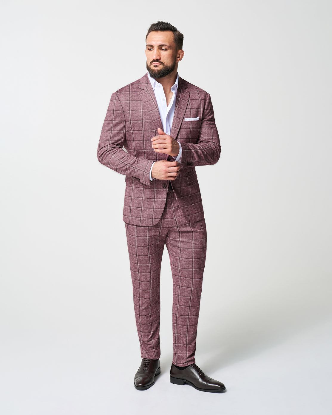 Athletic Fit Stretch Suit - Crimson with Burgundy Big Windowpane