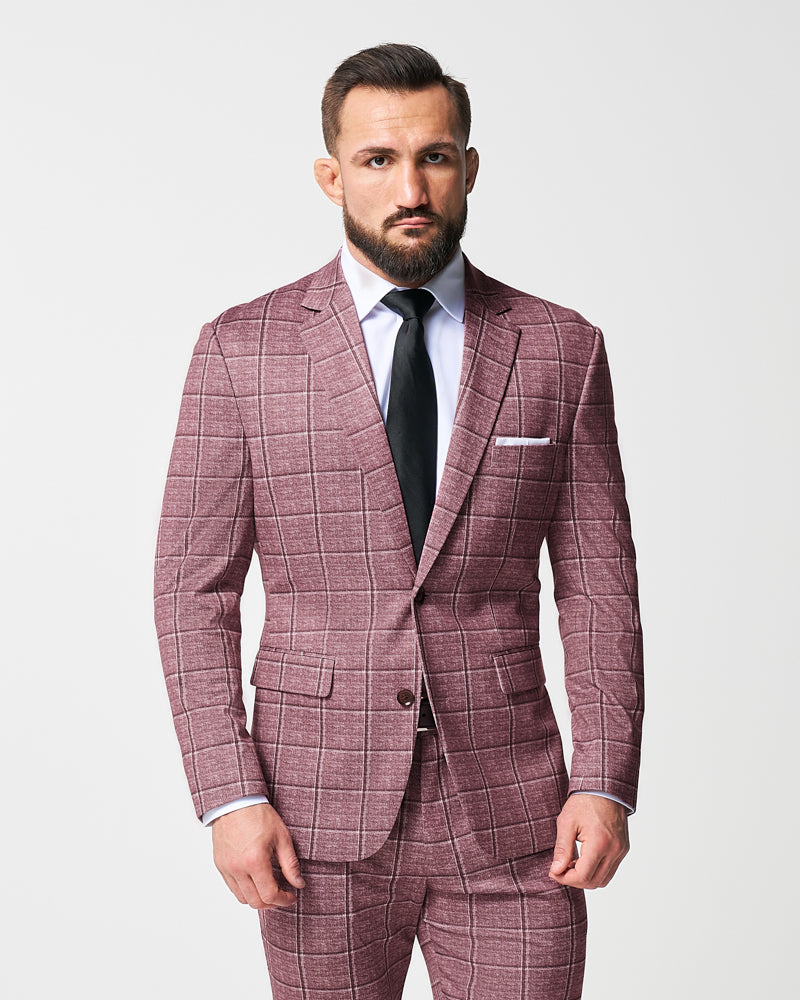 Athletic Fit Stretch Blazer - Crimson with Burgundy Big Windowpane