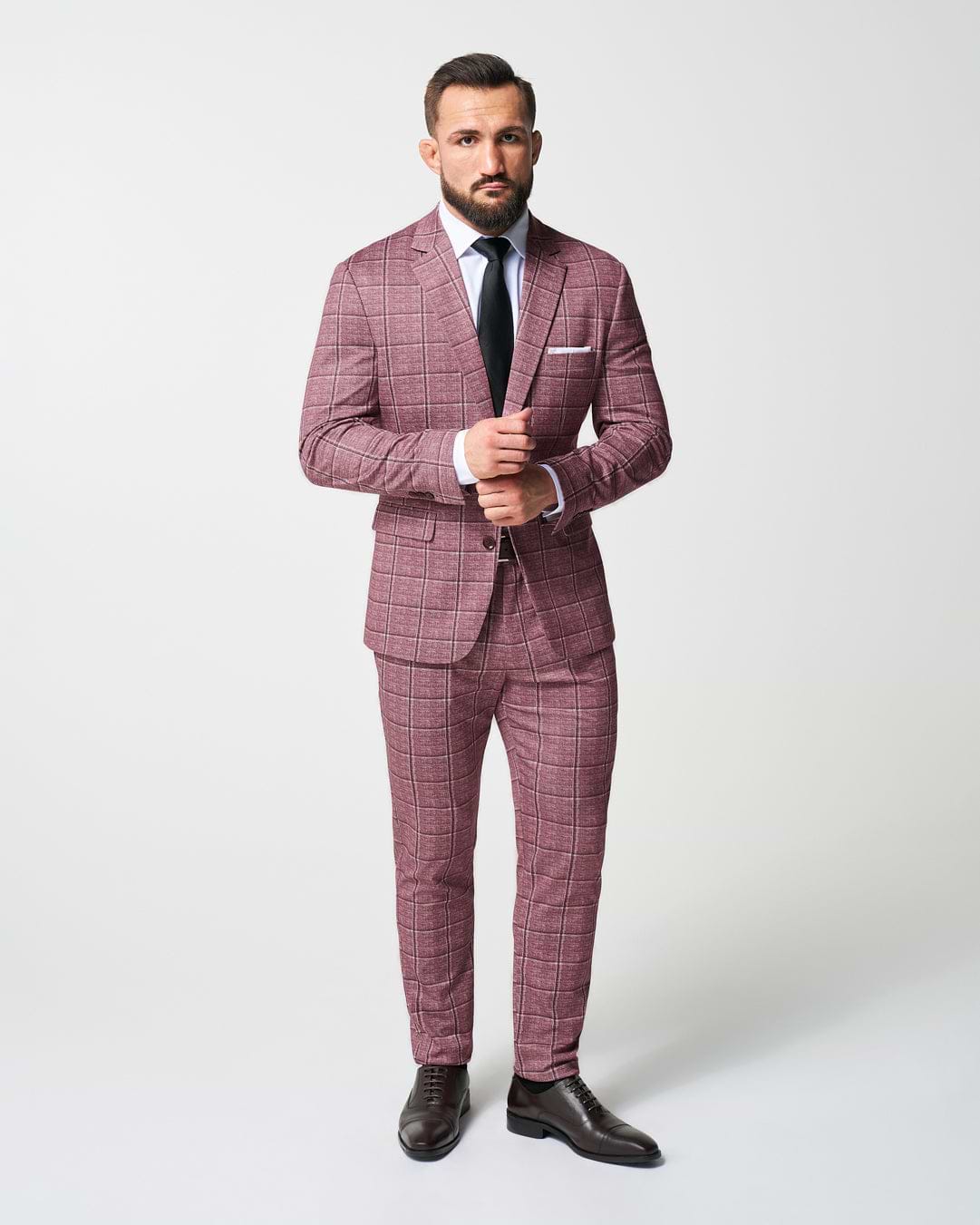 Athletic Fit Stretch Suit - Crimson with Burgundy Big Windowpane