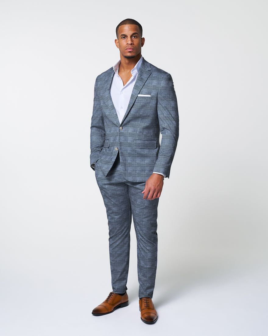 Athletic Fit Stretch Blazer - Knit Light Blue, Navy & White Plaid