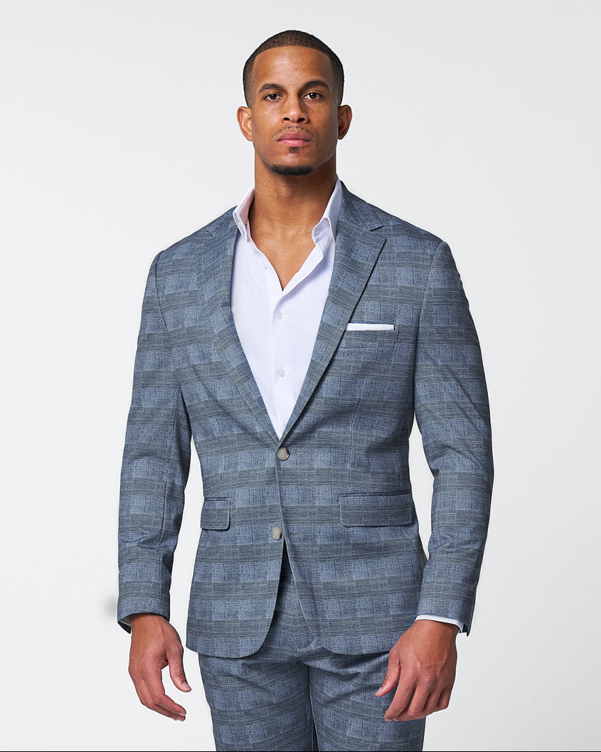 Athletic Fit Stretch Blazer - Knit Light Blue, Navy & White Plaid