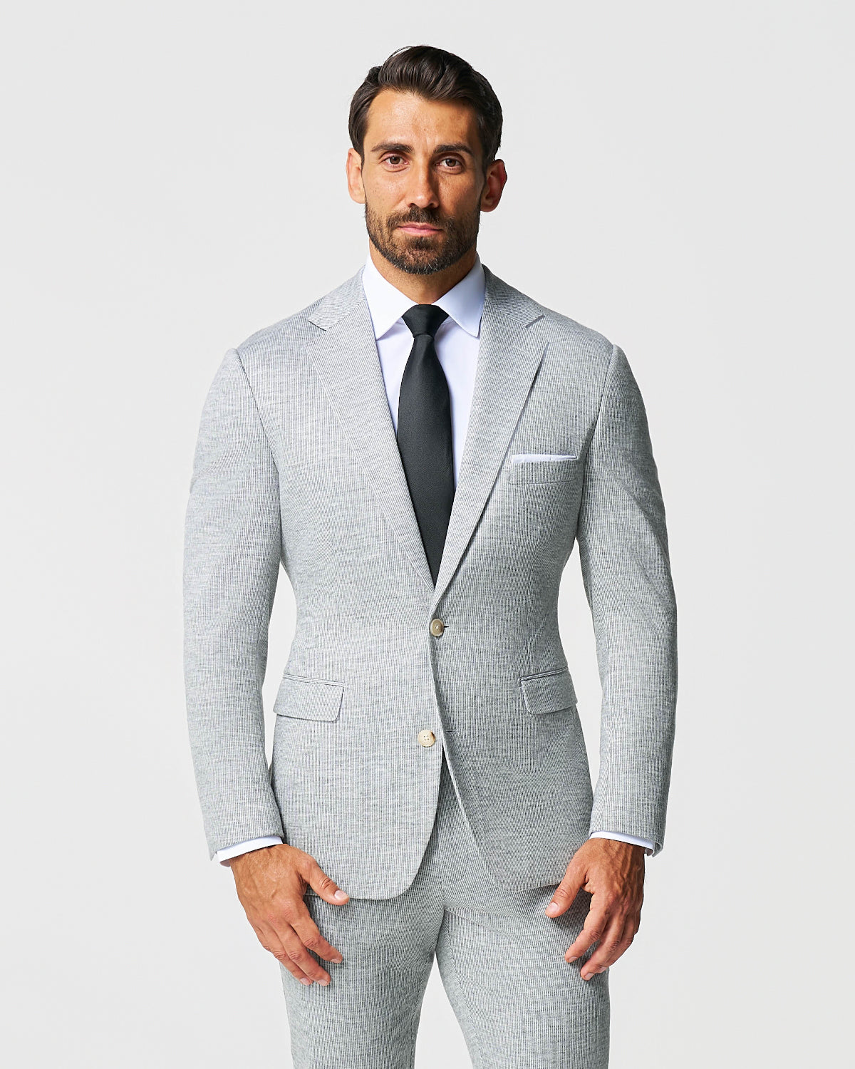 Athletic Fit Stretch Wool Blazer - Light Grey with White Mini Stripe