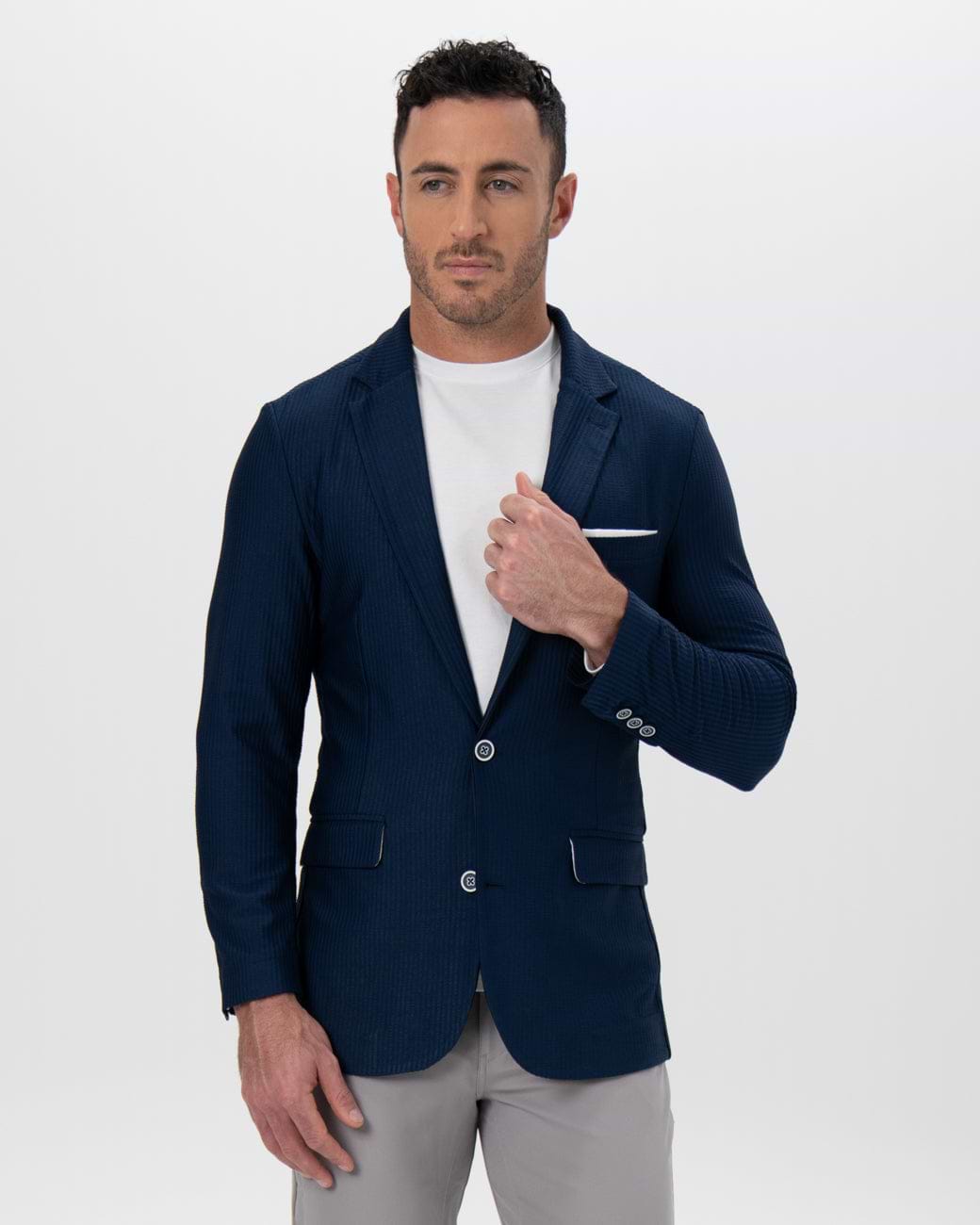 Athletic Fit Stretch Blazer - Navy Seersucker