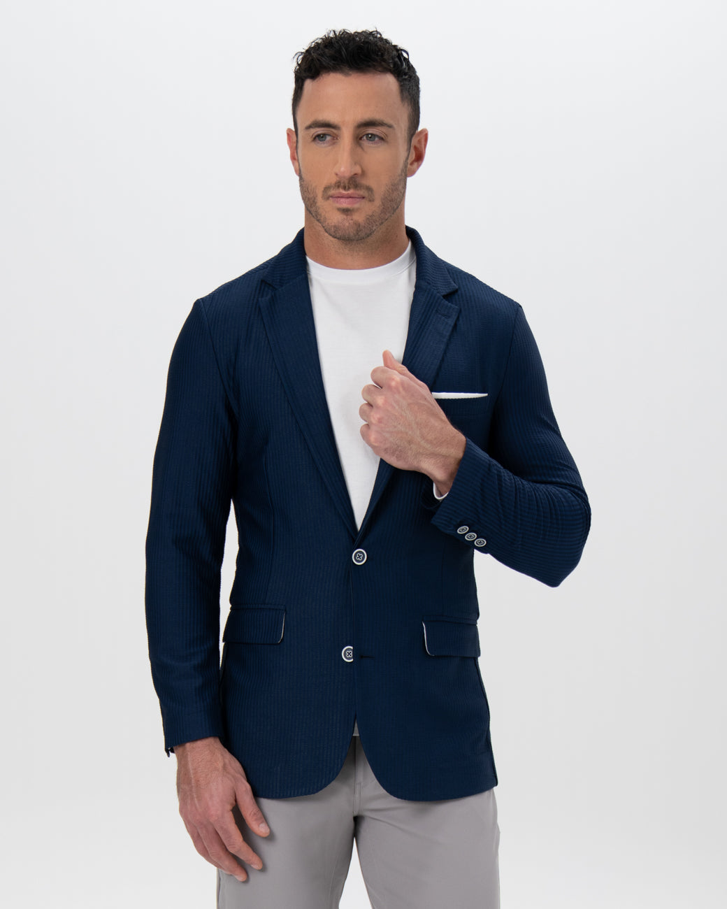 Athletic Fit Stretch Blazer - Navy Seersucker