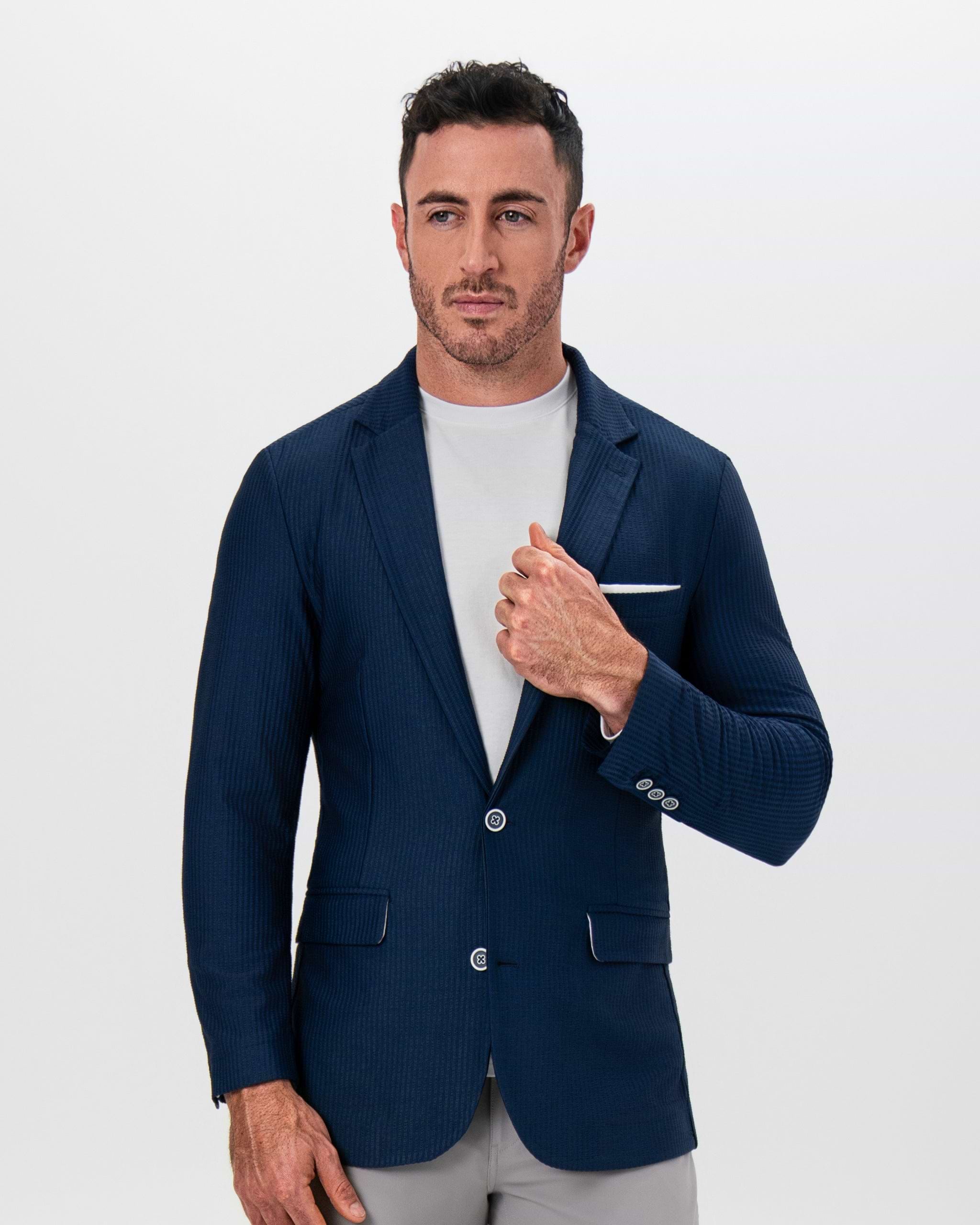 Athletic Fit Stretch Blazer - Navy Seersucker