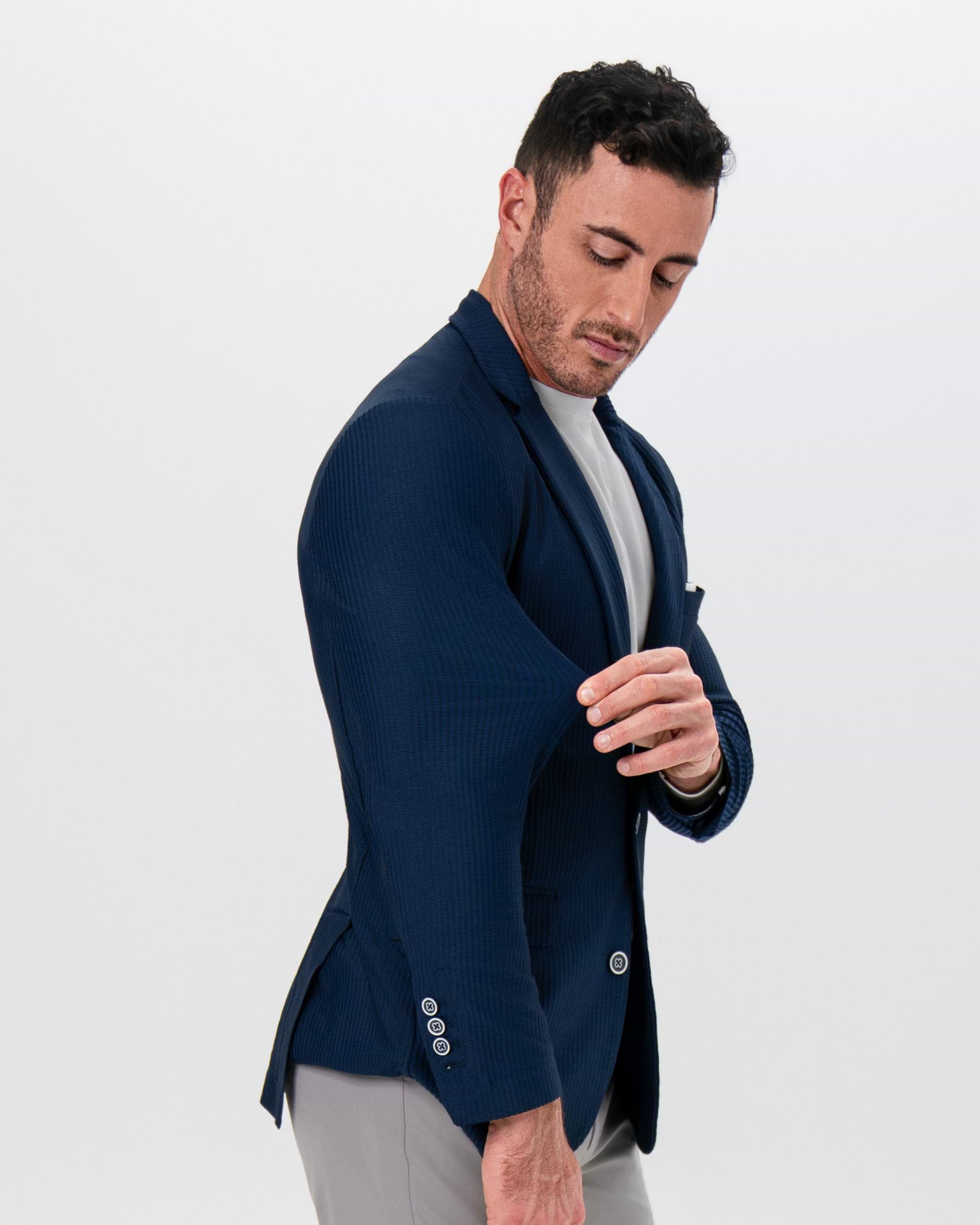 Athletic Fit Stretch Blazer - Navy Seersucker